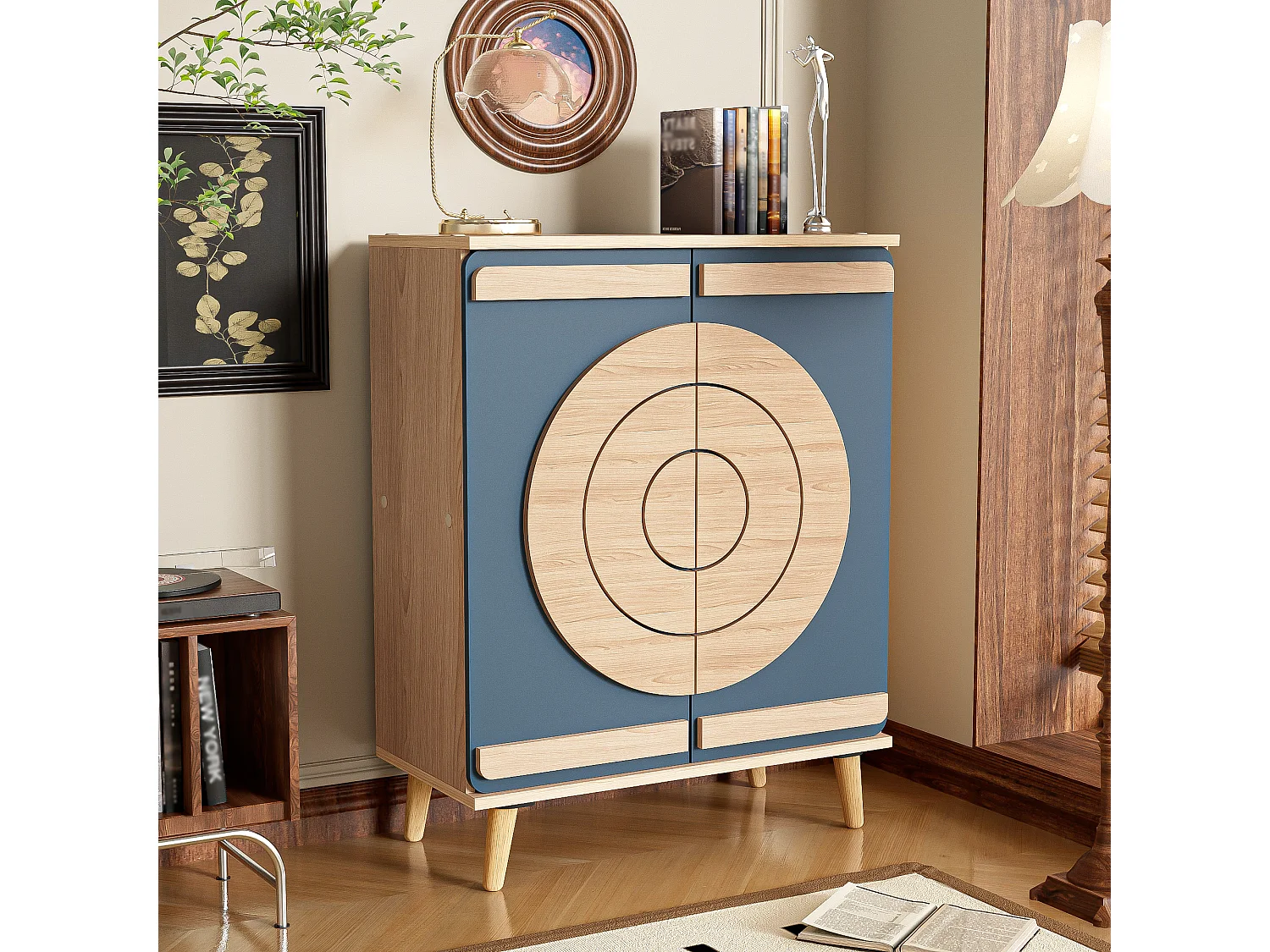 Schoenenkast met 2 deuren - 76 x 37 x 98,5 cm - Spaanplaat - Uniek design - Blauwgrijs en hout