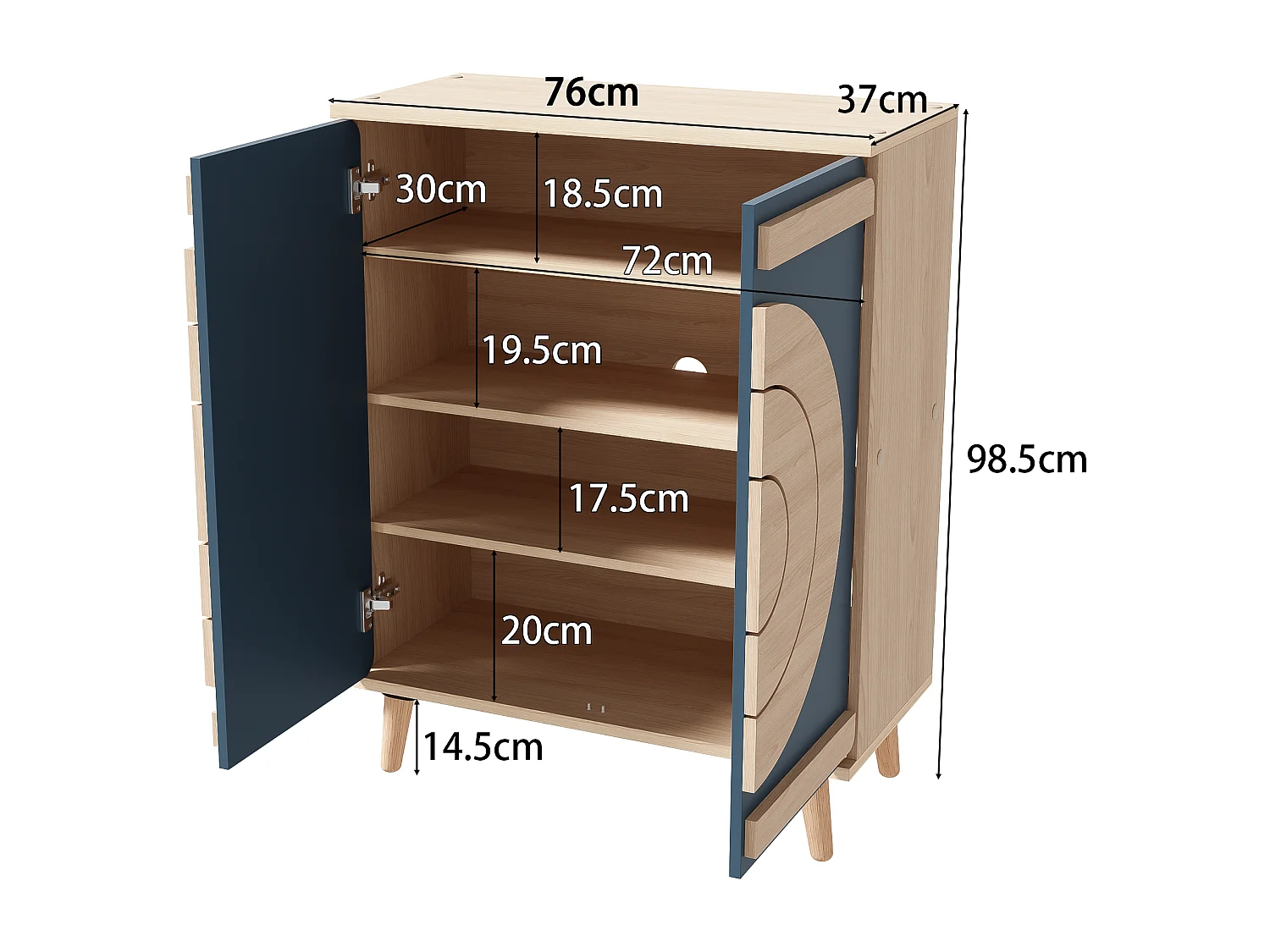 Schoenenkast met 2 deuren - 76 x 37 x 98,5 cm - Spaanplaat - Uniek design - Blauwgrijs en hout