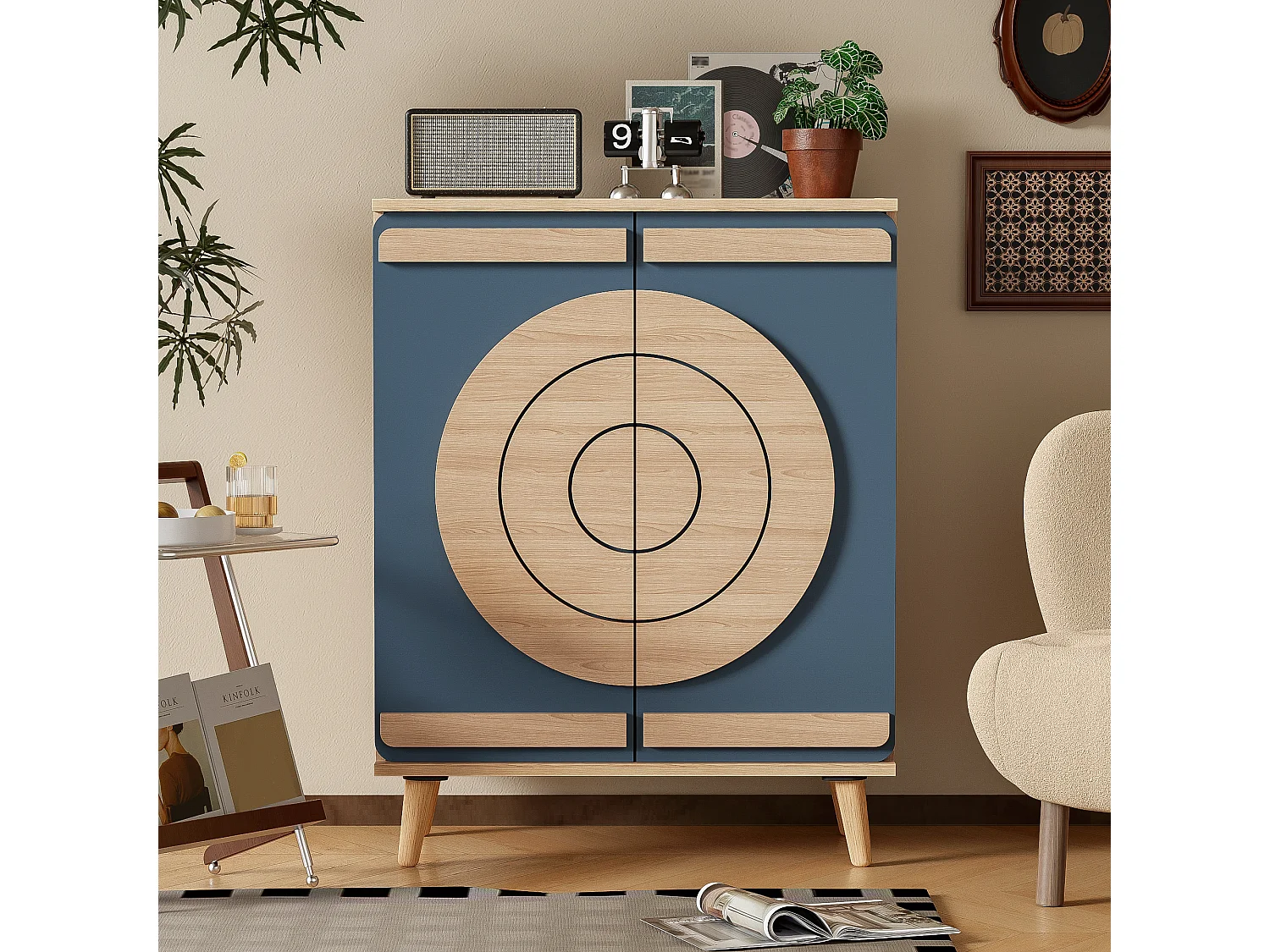 Schoenenkast met 2 deuren - 76 x 37 x 98,5 cm - Spaanplaat - Uniek design - Blauwgrijs en hout