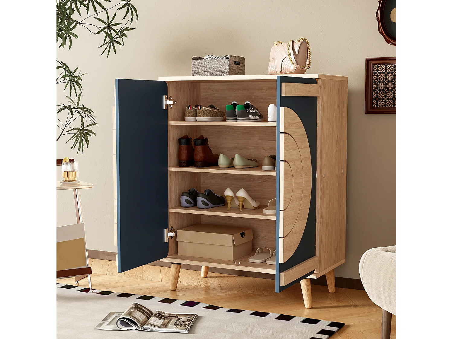 Schoenenkast met 2 deuren - 76 x 37 x 98,5 cm - Spaanplaat - Uniek design - Blauwgrijs en hout