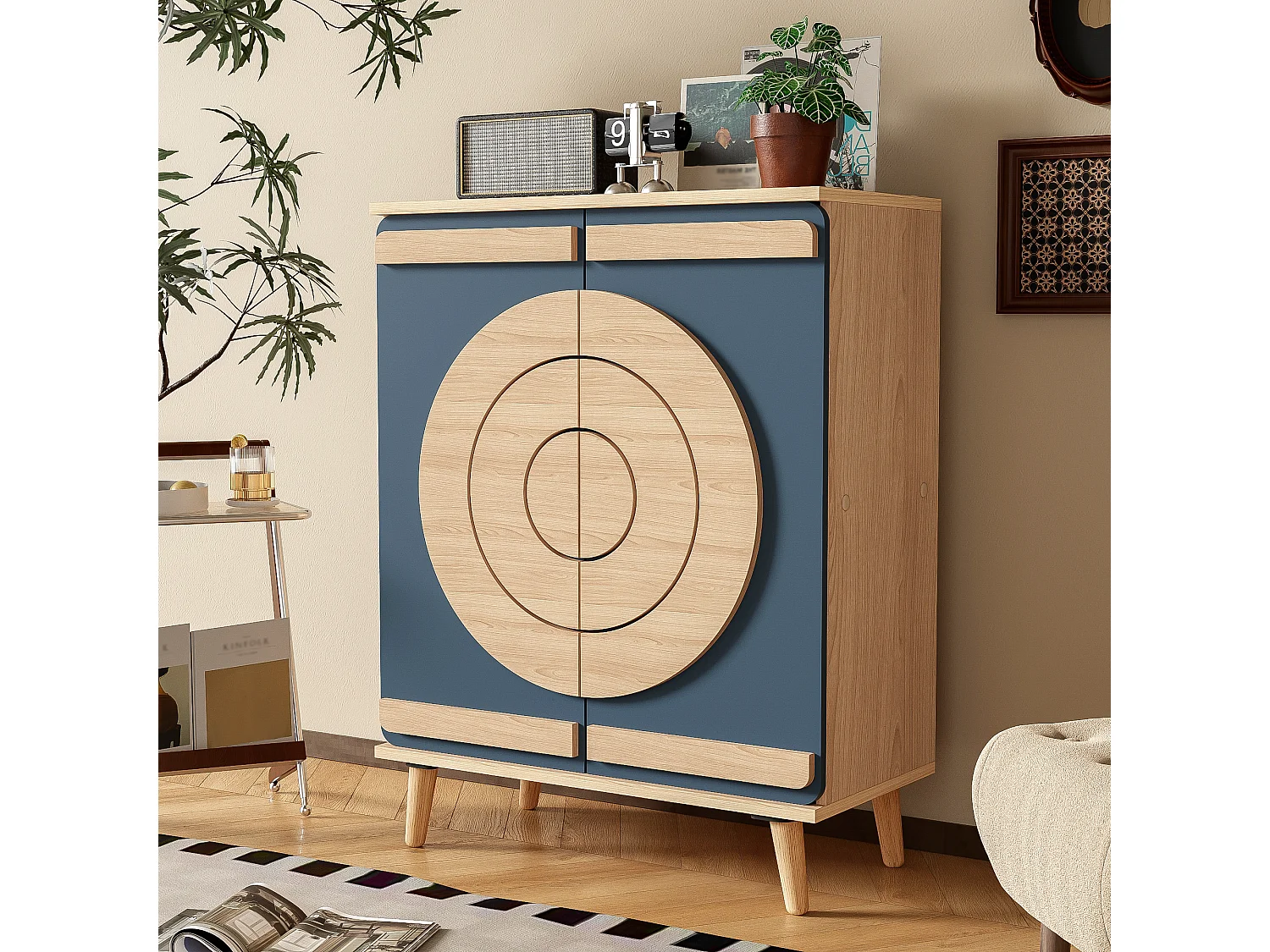 Schoenenkast met 2 deuren - 76 x 37 x 98,5 cm - Spaanplaat - Uniek design - Blauwgrijs en hout