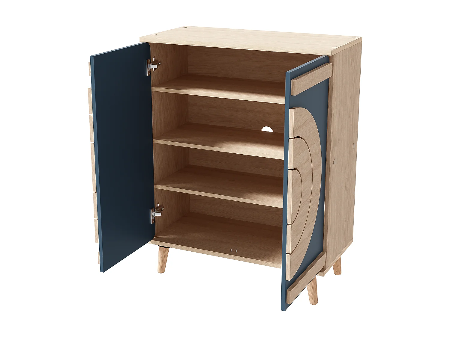 Schoenenkast met 2 deuren - 76 x 37 x 98,5 cm - Spaanplaat - Uniek design - Blauwgrijs en hout