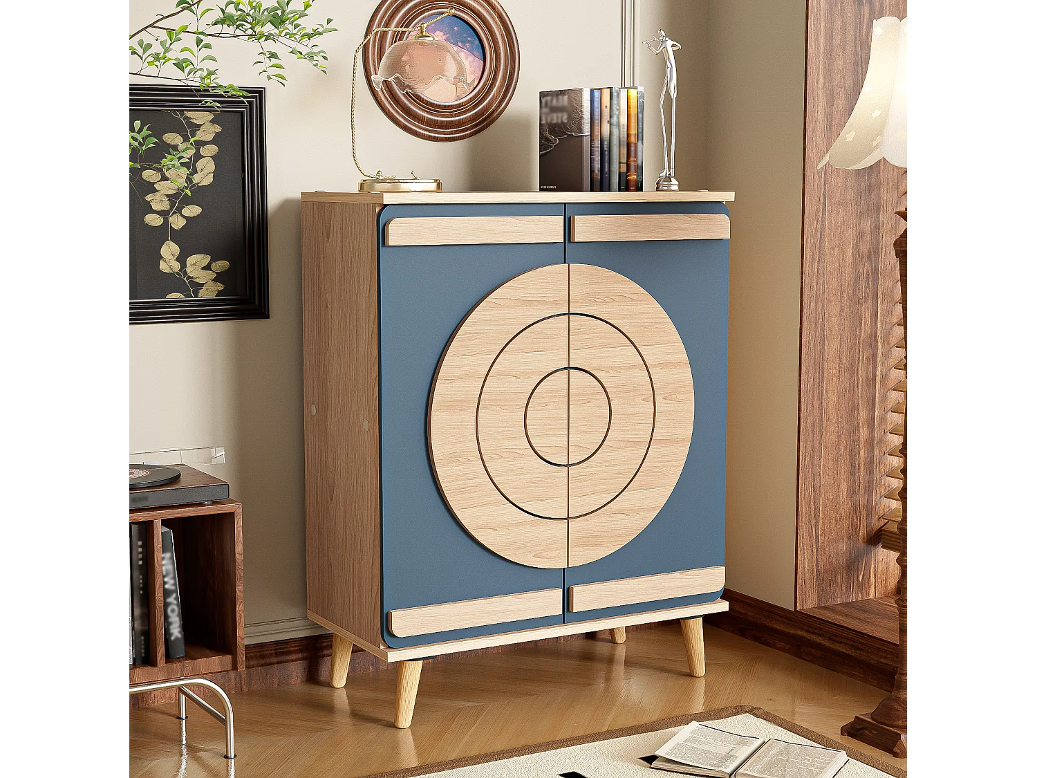 Meuble à chaussures avec 2 portes - 76 x 37 x 98,5 cm - Panneaux de particules - Design unique - Bleu gris et bois