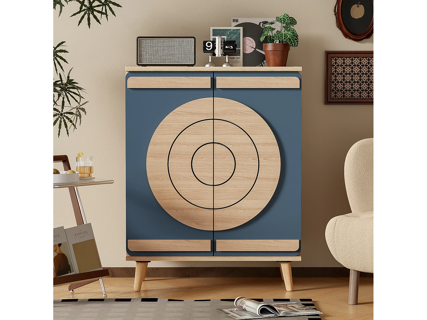 Meuble à chaussures avec 2 portes - 76 x 37 x 98,5 cm - Panneaux de particules - Design unique - Bleu gris et bois