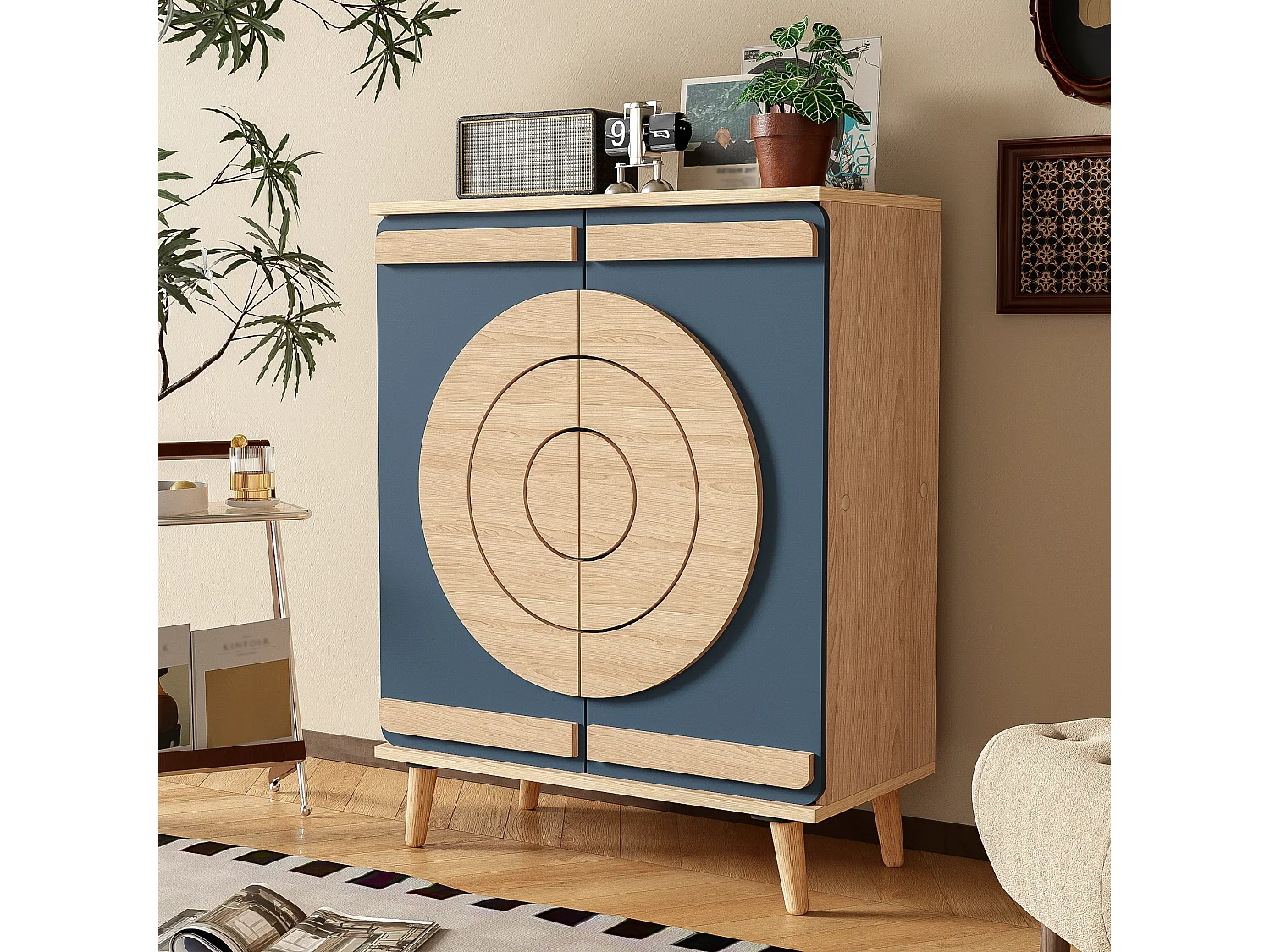 Meuble à chaussures avec 2 portes - 76 x 37 x 98,5 cm - Panneaux de particules - Design unique - Bleu gris et bois