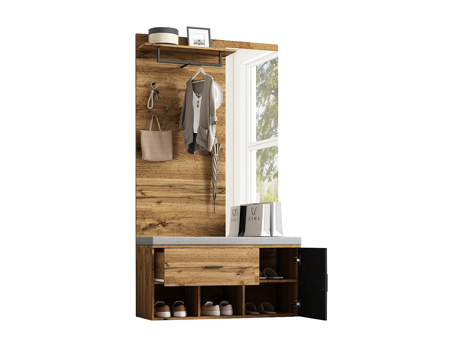 Szafka na buty z ławką, lustrem i wieszakiem na ubrania - 104 x 39 x 190 cm - Płyta wiórowa - Dąb
