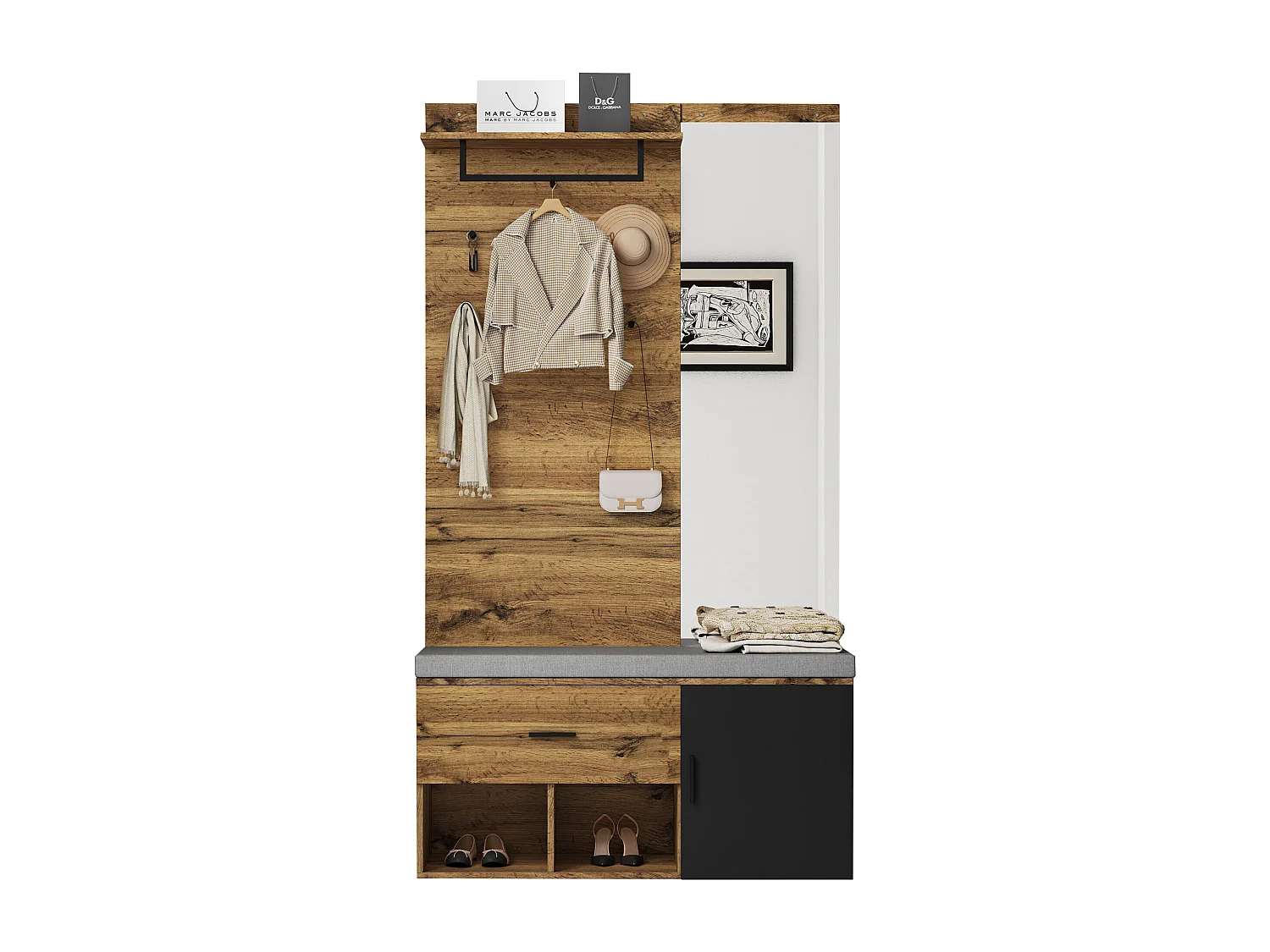 Szafka na buty z ławką, lustrem i wieszakiem na ubrania - 104 x 39 x 190 cm - Płyta wiórowa - Dąb