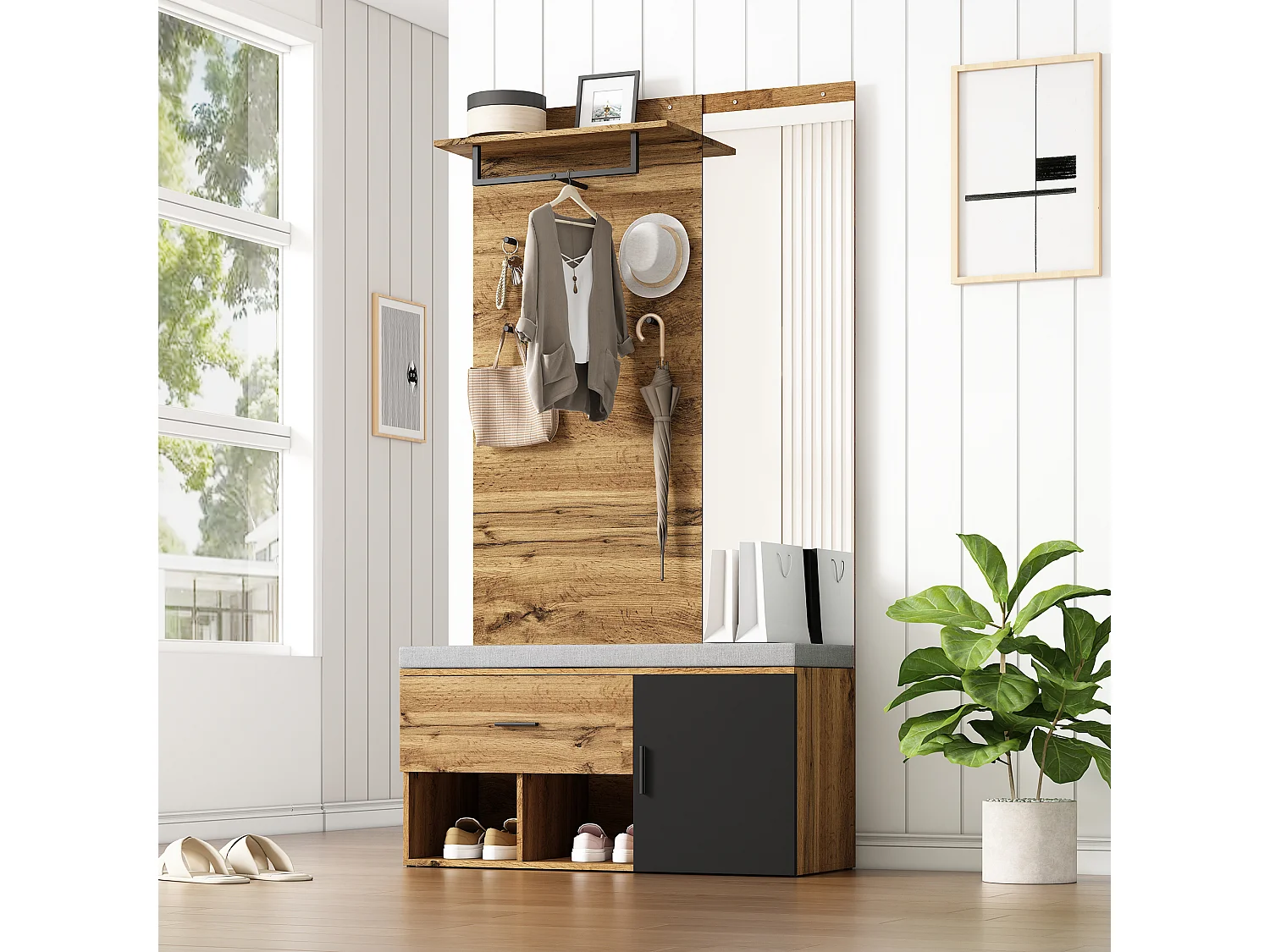 Szafka na buty z ławką, lustrem i wieszakiem na ubrania - 104 x 39 x 190 cm - Płyta wiórowa - Dąb