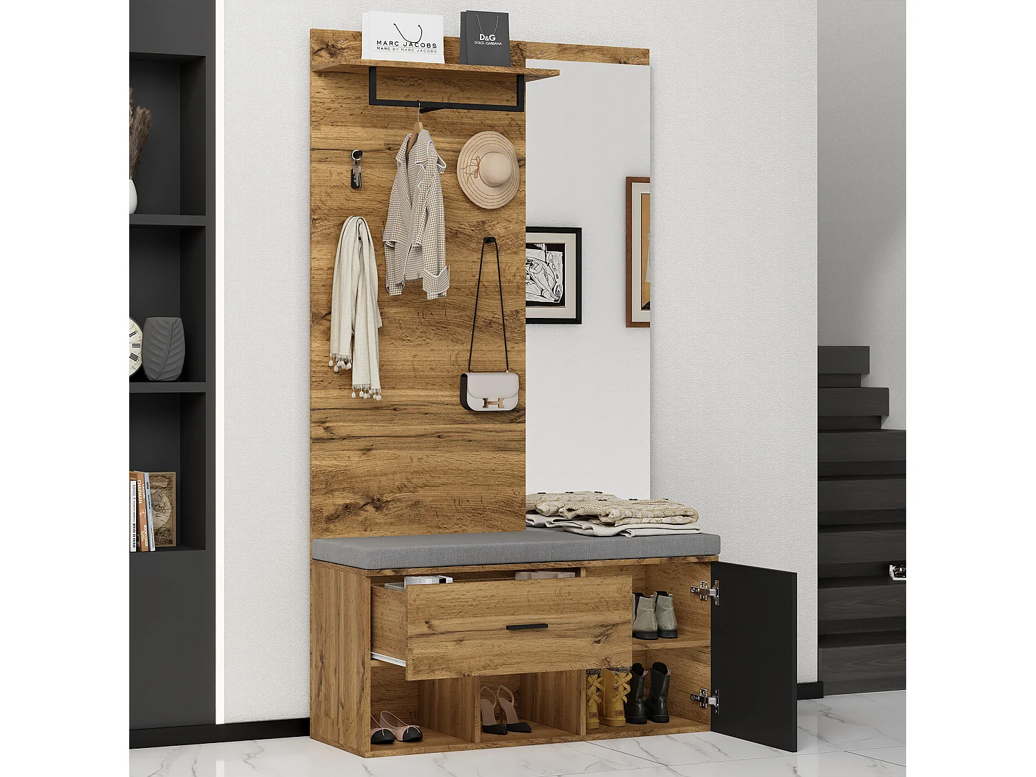 Szafka na buty z ławką, lustrem i wieszakiem na ubrania - 104 x 39 x 190 cm - Płyta wiórowa - Dąb