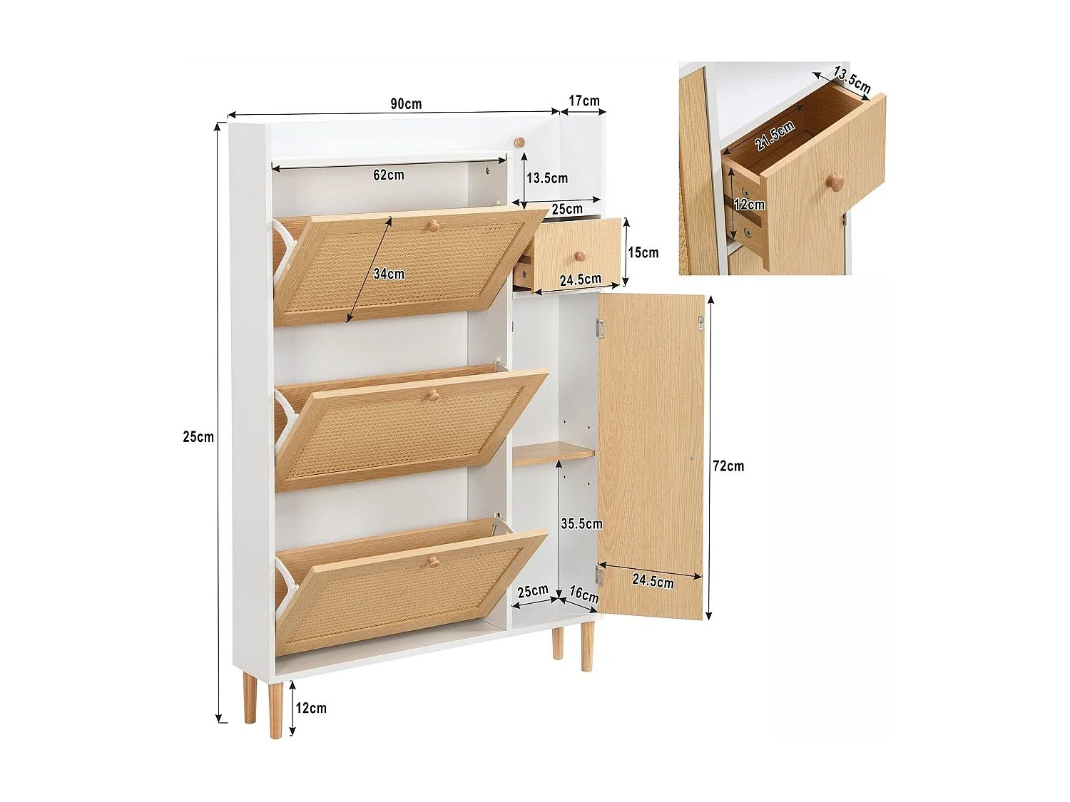 Meuble à chaussures en rotin peu encombrant,d90cm×h125cm