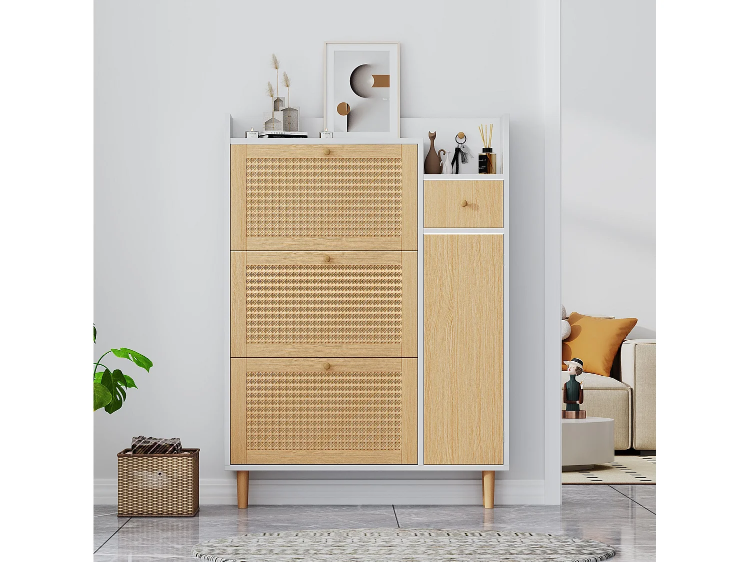 Meuble à chaussures en rotin peu encombrant,d90cm×h125cm