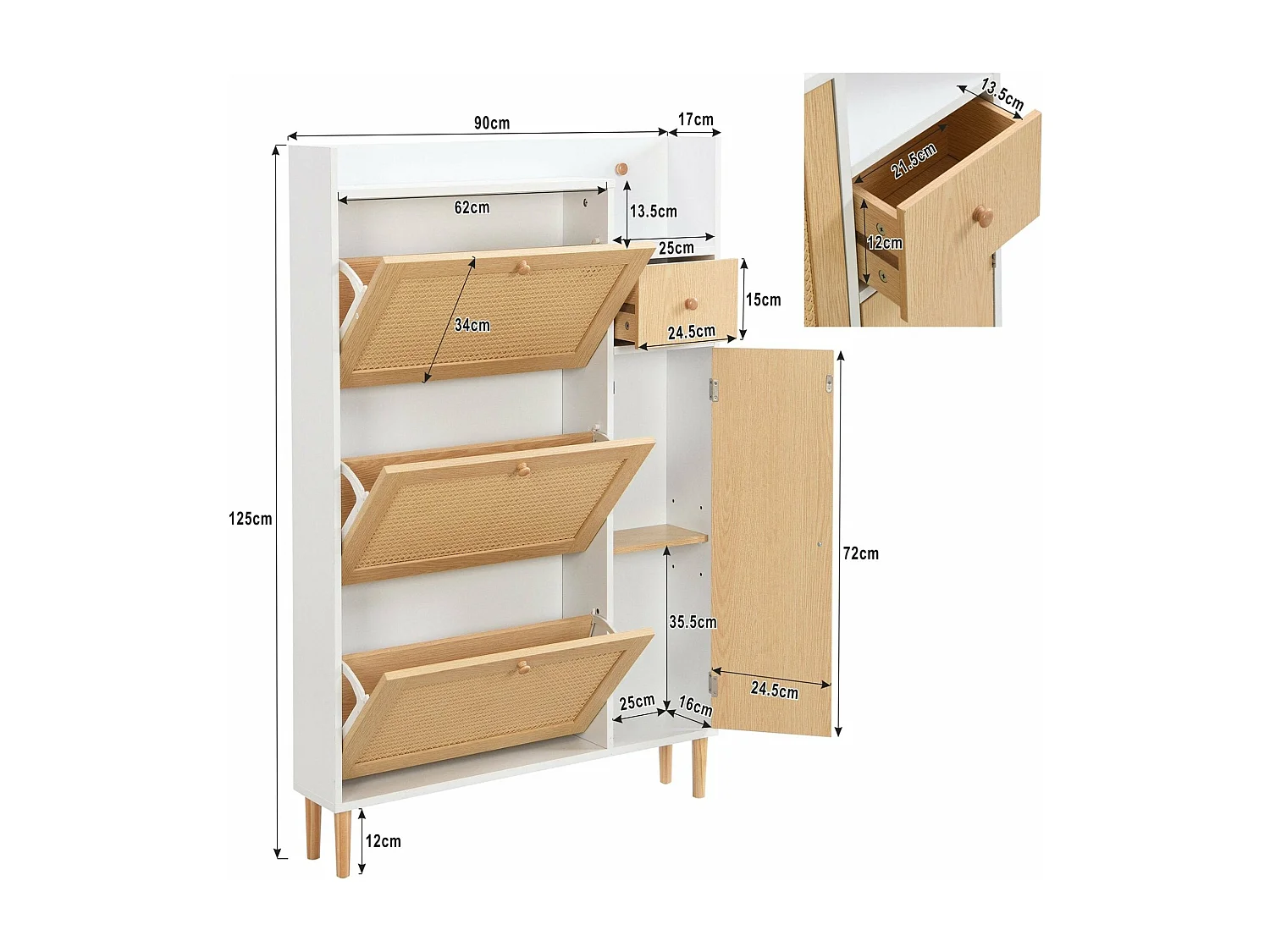 Meuble à chaussures en rotin peu encombrant,d90cm×h125cm