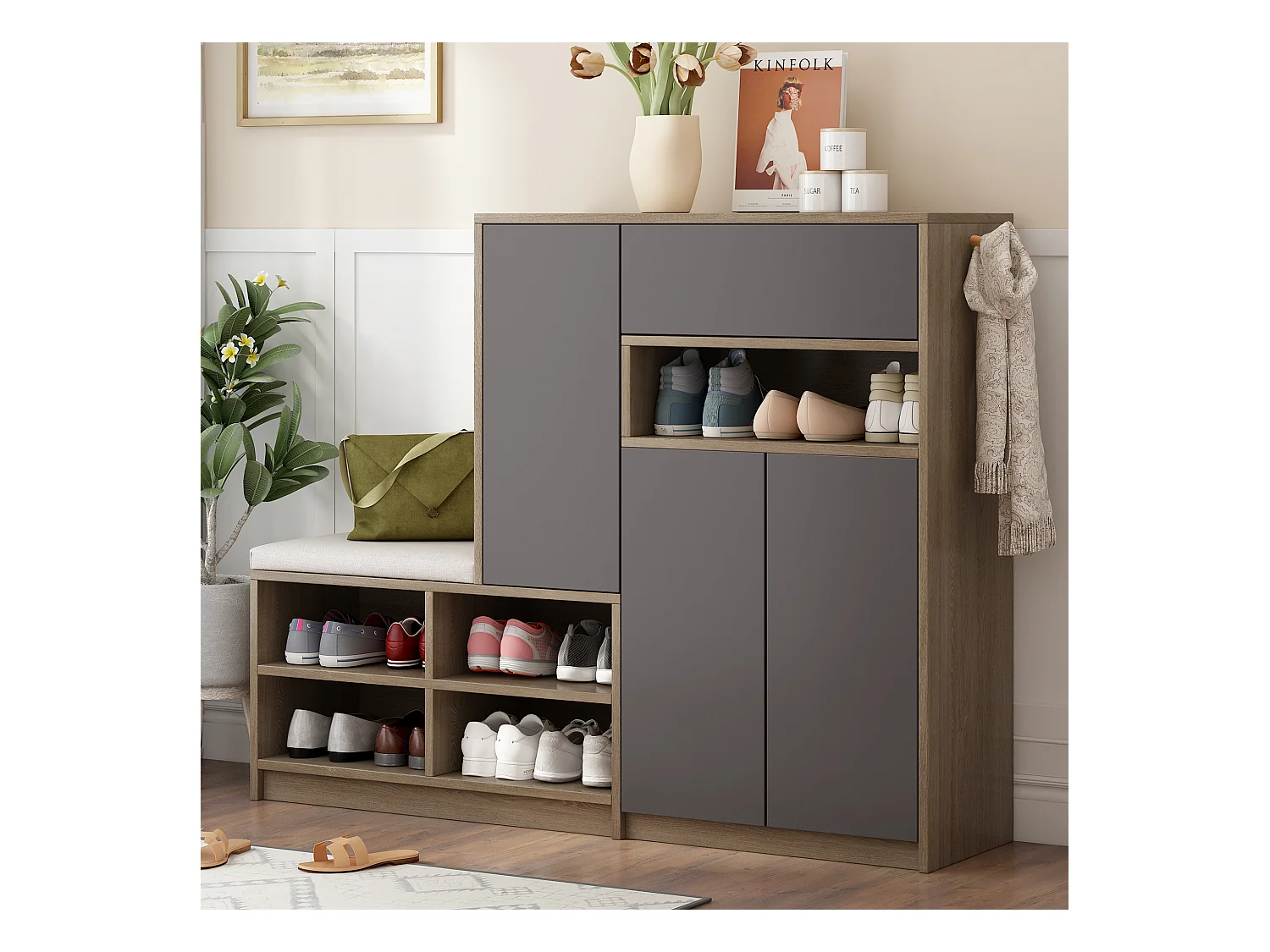 Schuhschrank mit Bank, 3 Türen und 1 Schublade – 140 x 35 x 110 cm – Spanplatte – Grau