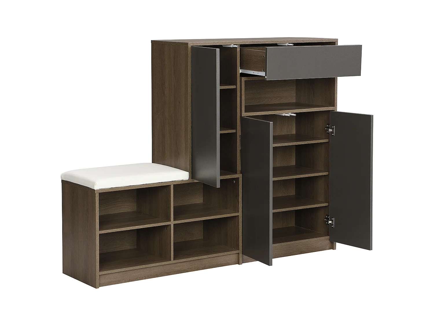 Schoenenkast met bank, 3 deuren en 1 lade - 140 x 35 x 110 cm - Spaanplaat - Grijs