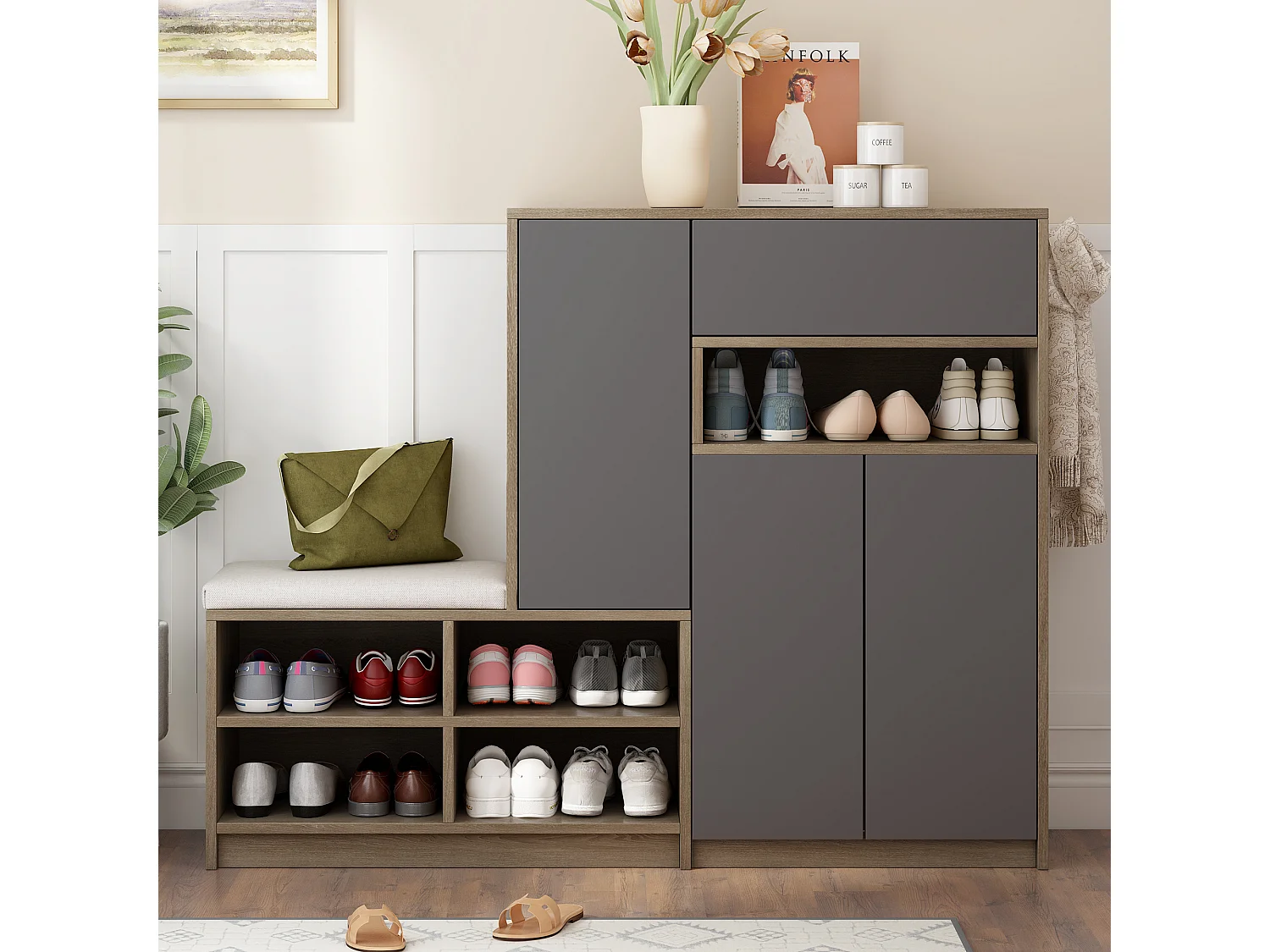 Schoenenkast met bank, 3 deuren en 1 lade - 140 x 35 x 110 cm - Spaanplaat - Grijs