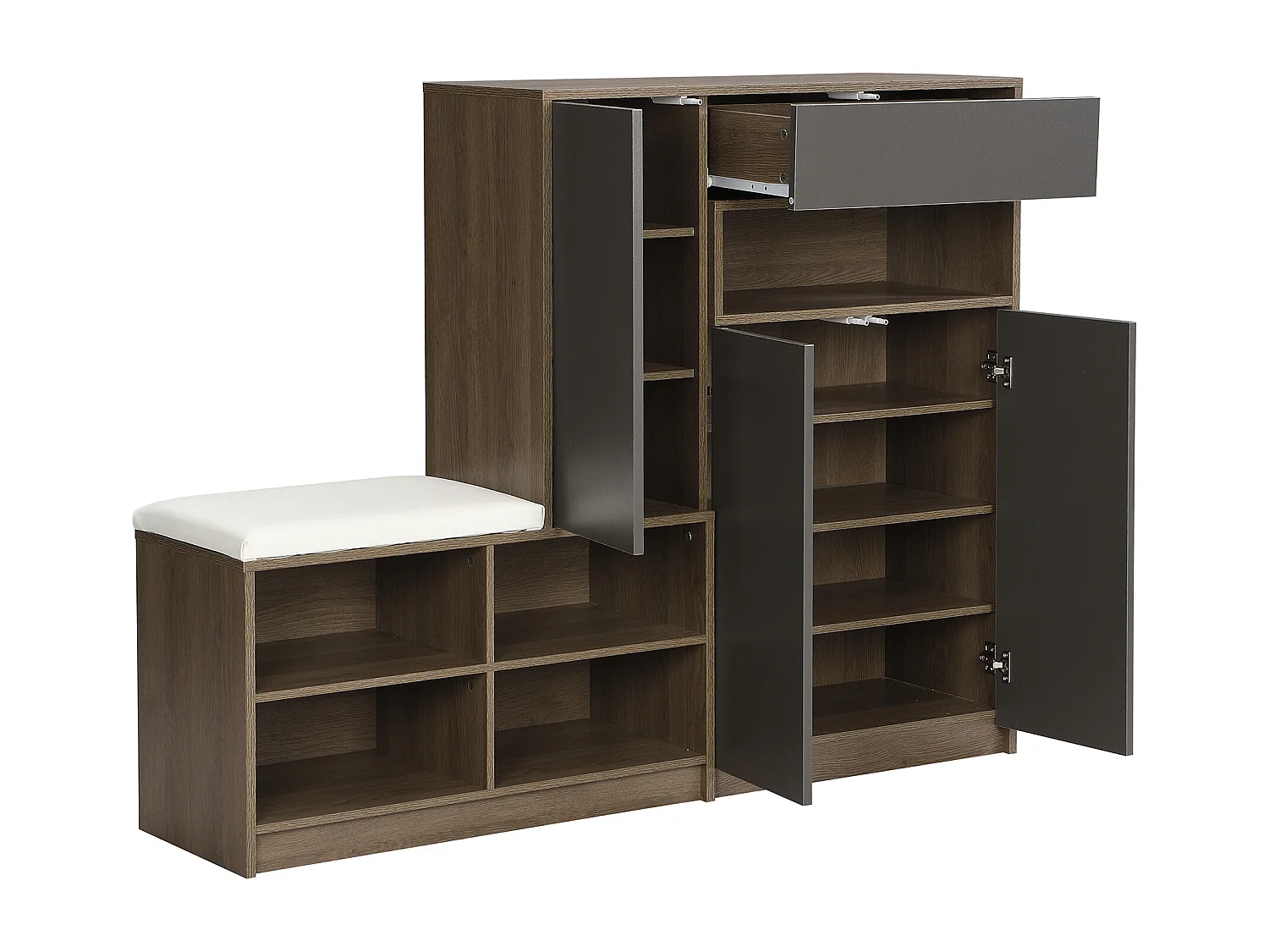 Schoenenkast met bank, 3 deuren en 1 lade - 140 x 35 x 110 cm - Spaanplaat - Grijs