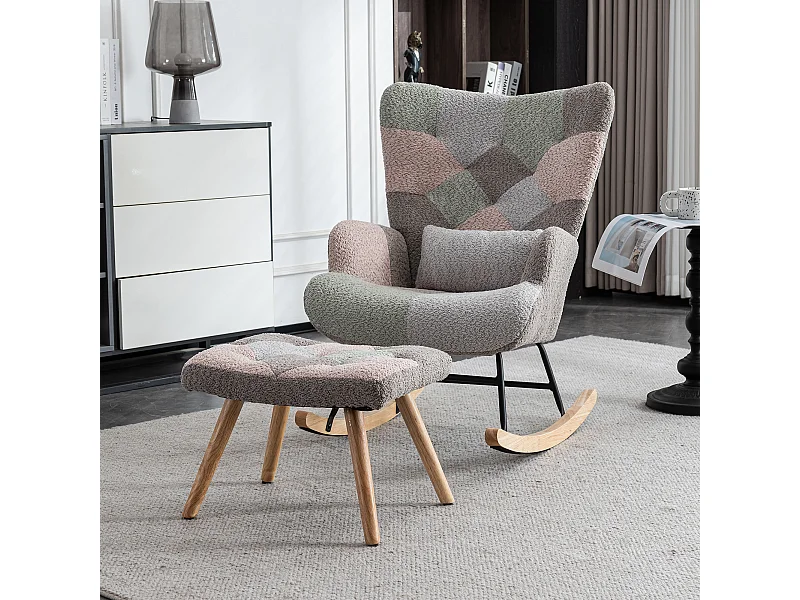 Fauteuil à bascule coloré avec repose-pieds et coussin - 68 x 83 x 91 cm - Teddy-Polaire, boid d'évéa et métal - Design multicolore