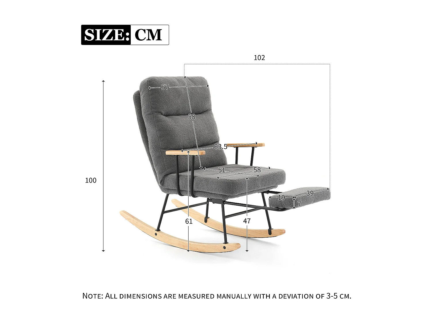 Fauteuil à bascule avec inclinaison et repose-pieds - 58 x 102 x 100 cm - Teddy-Polaire - Gris