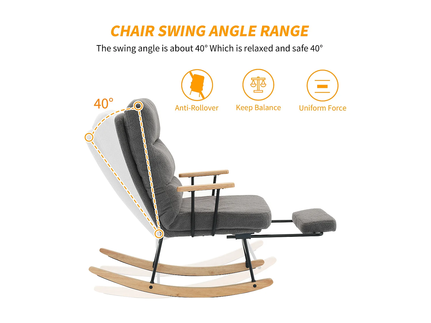 Fauteuil à bascule avec inclinaison et repose-pieds - 58 x 102 x 100 cm - Teddy-Polaire - Gris