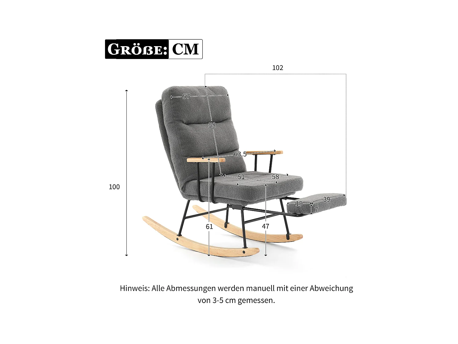 Schaukelstuhl mit Rückenlehne und Fußstütze – 58 x 102 x 100 cm – Teddy-Polar – Grau