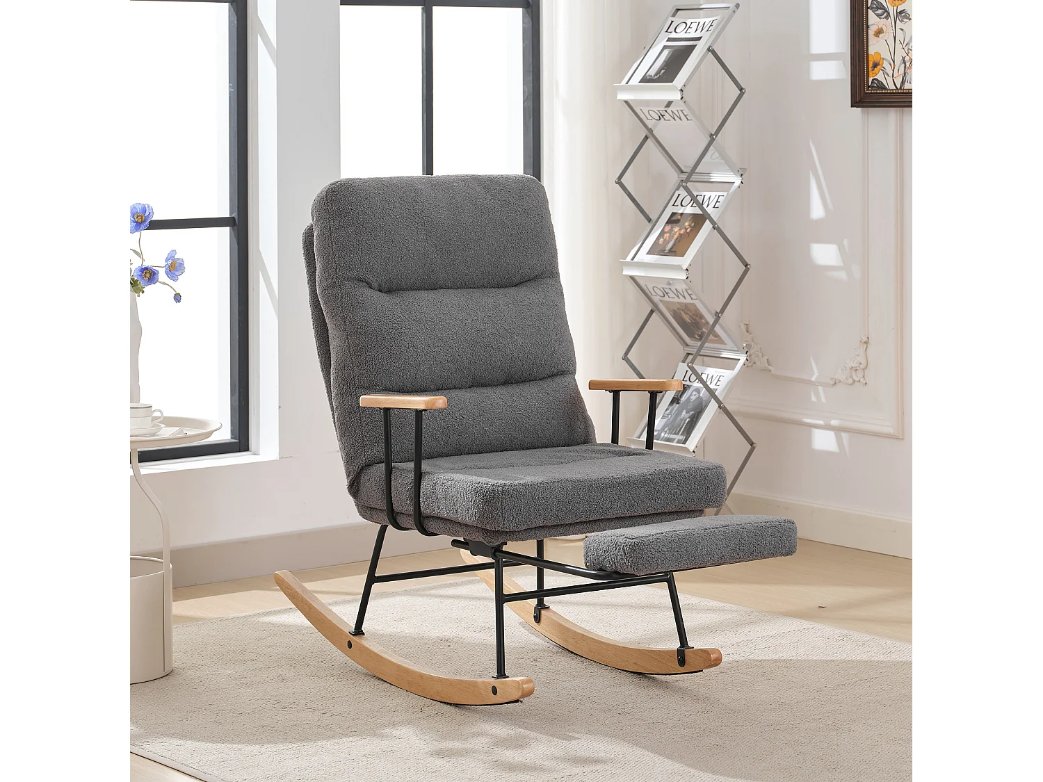 Fauteuil à bascule avec inclinaison et repose-pieds - 58 x 102 x 100 cm - Teddy-Polaire - gris