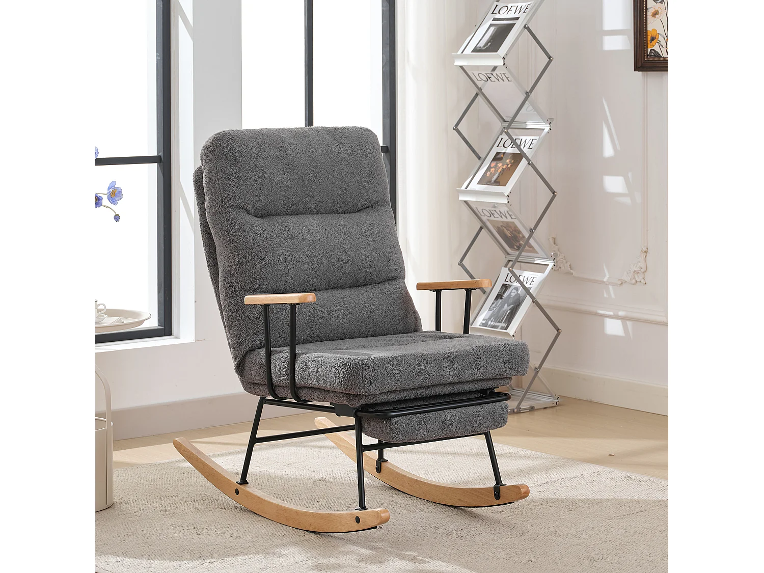 Fauteuil à bascule avec inclinaison et repose-pieds - 58 x 102 x 100 cm - Teddy-Polaire - gris