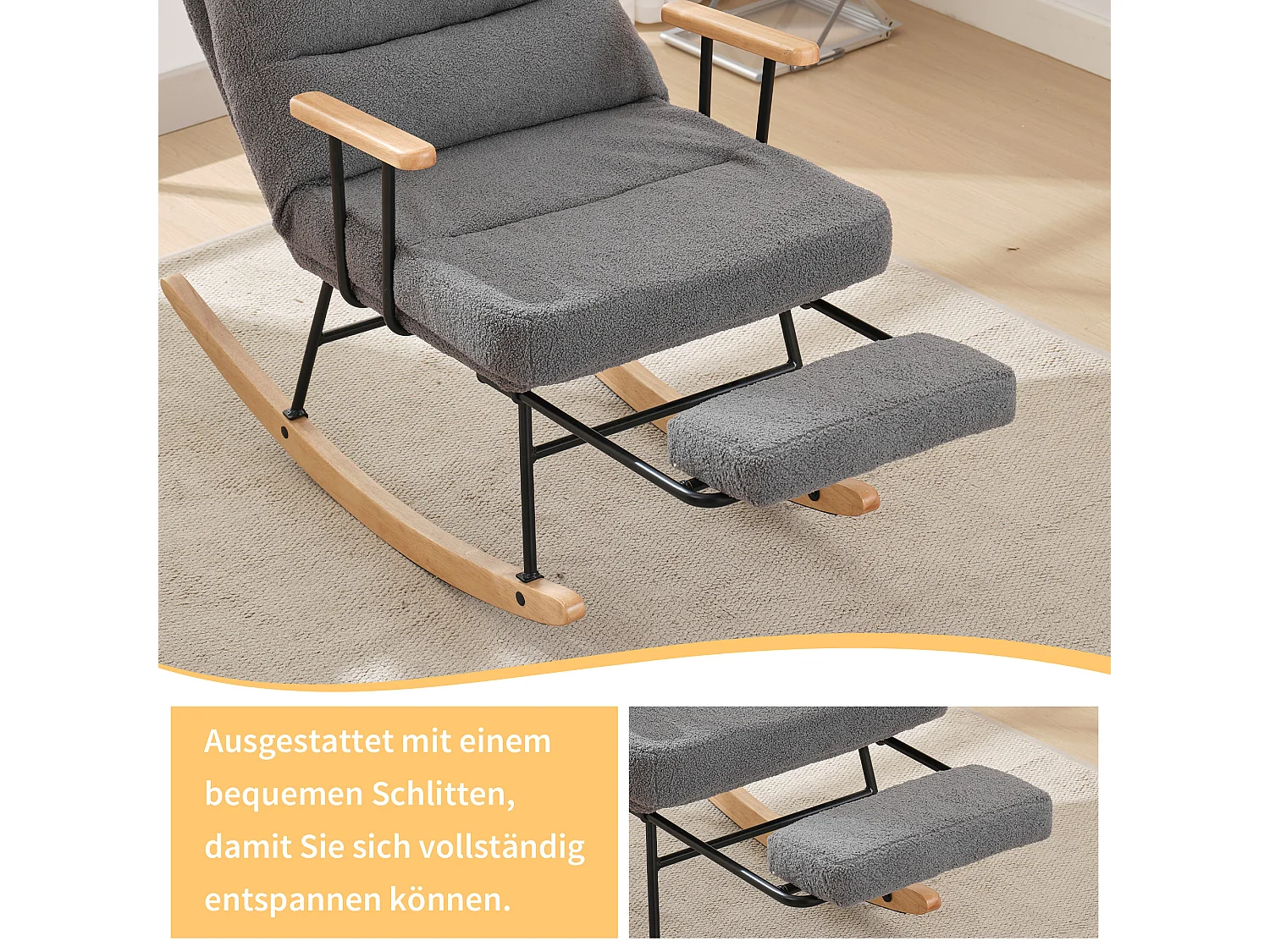 Fauteuil à bascule avec inclinaison et repose-pieds - 58 x 102 x 100 cm - Teddy-Polaire - gris