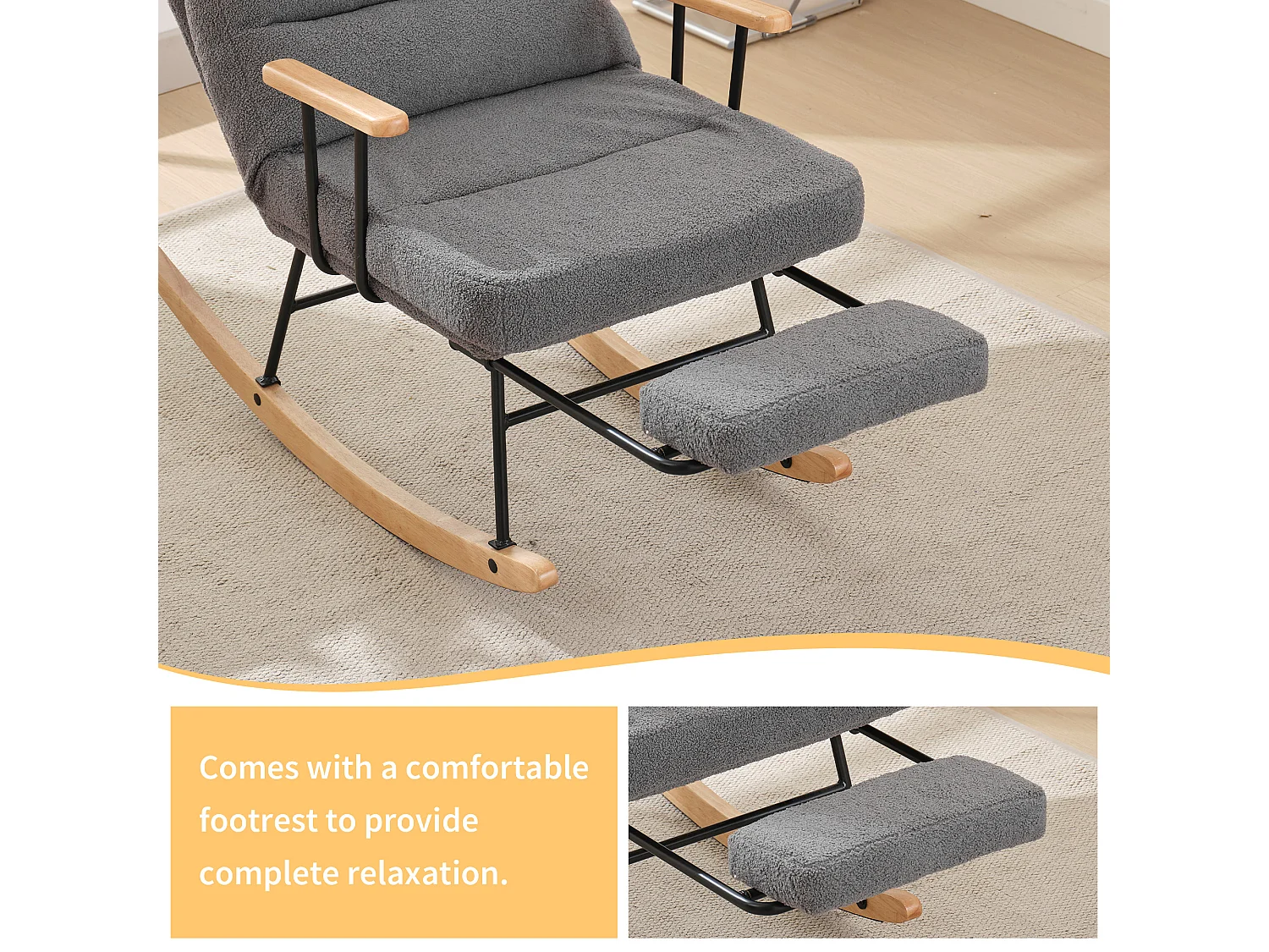 Fauteuil à bascule avec inclinaison et repose-pieds - 58 x 102 x 100 cm - Teddy-Polaire - gris