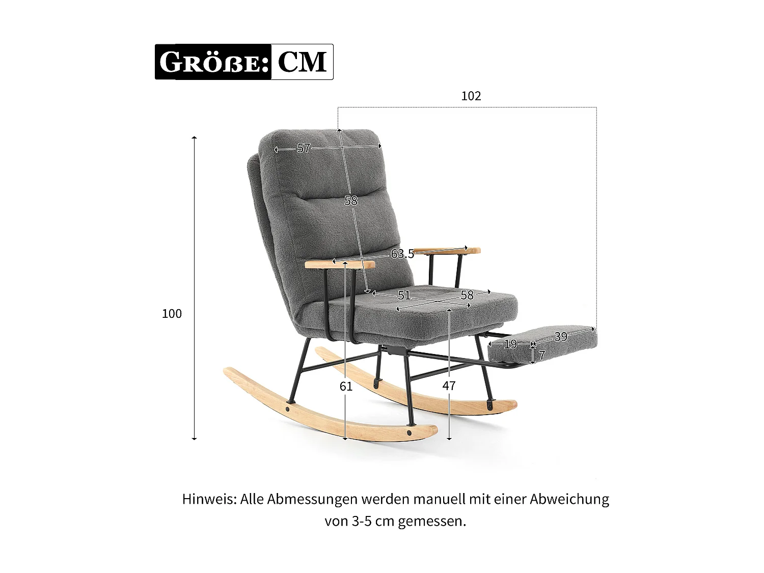 Fauteuil à bascule avec inclinaison et repose-pieds - 58 x 102 x 100 cm - Teddy-Polaire - gris