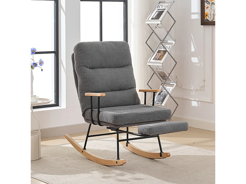 Fauteuil à bascule avec inclinaison et repose-pieds - 58 x 102 x 100 cm - Teddy-Polaire - gris