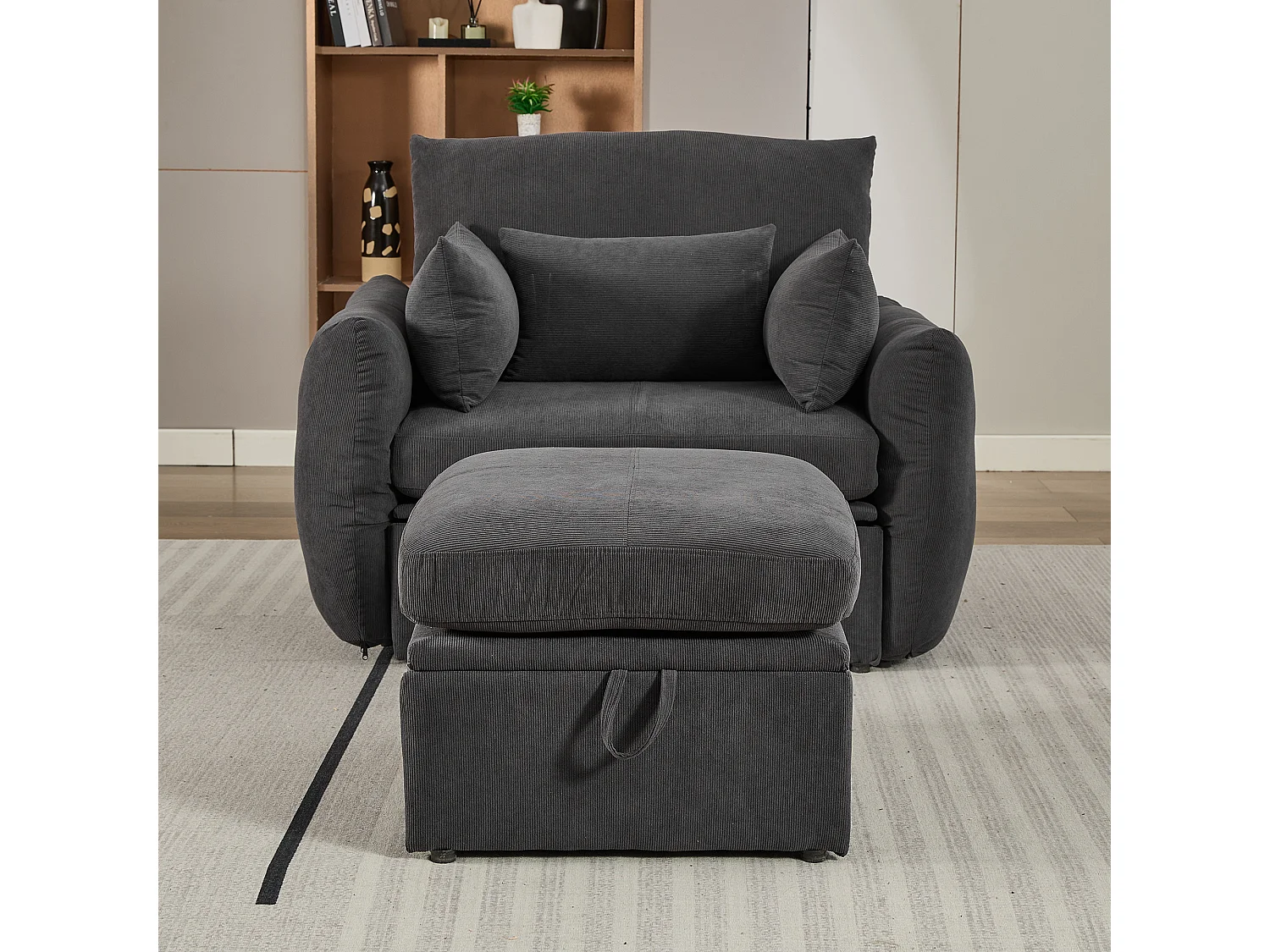 Moderne fauteuil met voetsteun en opbergruimte - 120 x 90 x 93 cm - Fluweel - Grijs