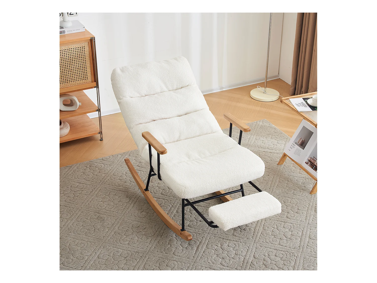 Fauteuil à bascule avec inclinaison et repose-pieds - 58 x 102 x 100 cm - Teddy-Polaire - Blanc