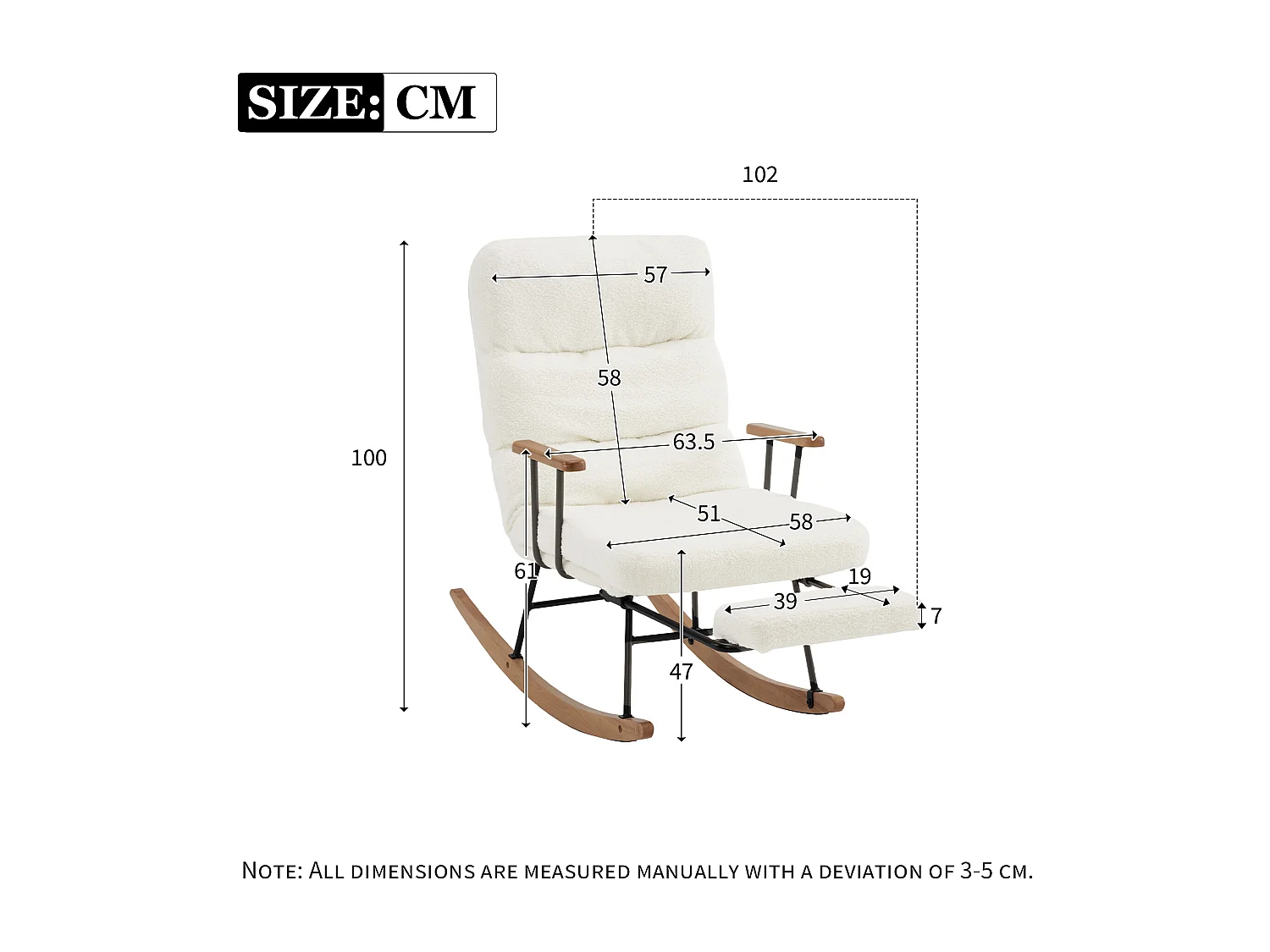 Schaukelstuhl mit Rückenlehne und Fußstütze – 58 x 102 x 100 cm – Teddy-Polar – Weiß