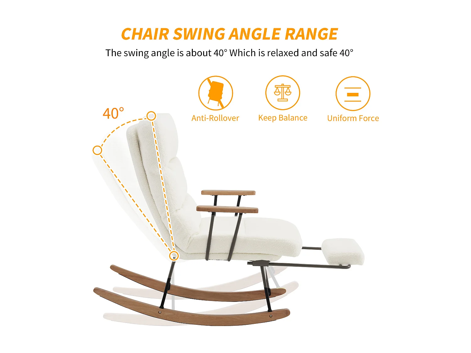 Schaukelstuhl mit Rückenlehne und Fußstütze – 58 x 102 x 100 cm – Teddy-Polar – Weiß