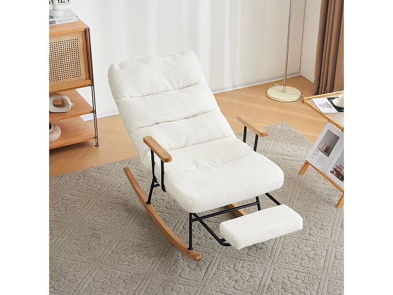 Fauteuil à bascule avec inclinaison et repose-pieds - 58 x 102 x 100 cm - Teddy-Polaire - Blanc