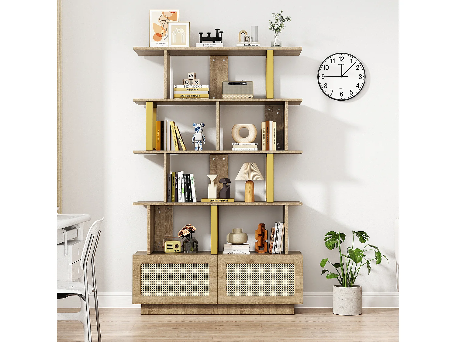 Bücherregal mit 2 Rattantüren und offenen Regalen – 105 x 31,7 x 160 cm – Spanplatte und Metall – Eiche