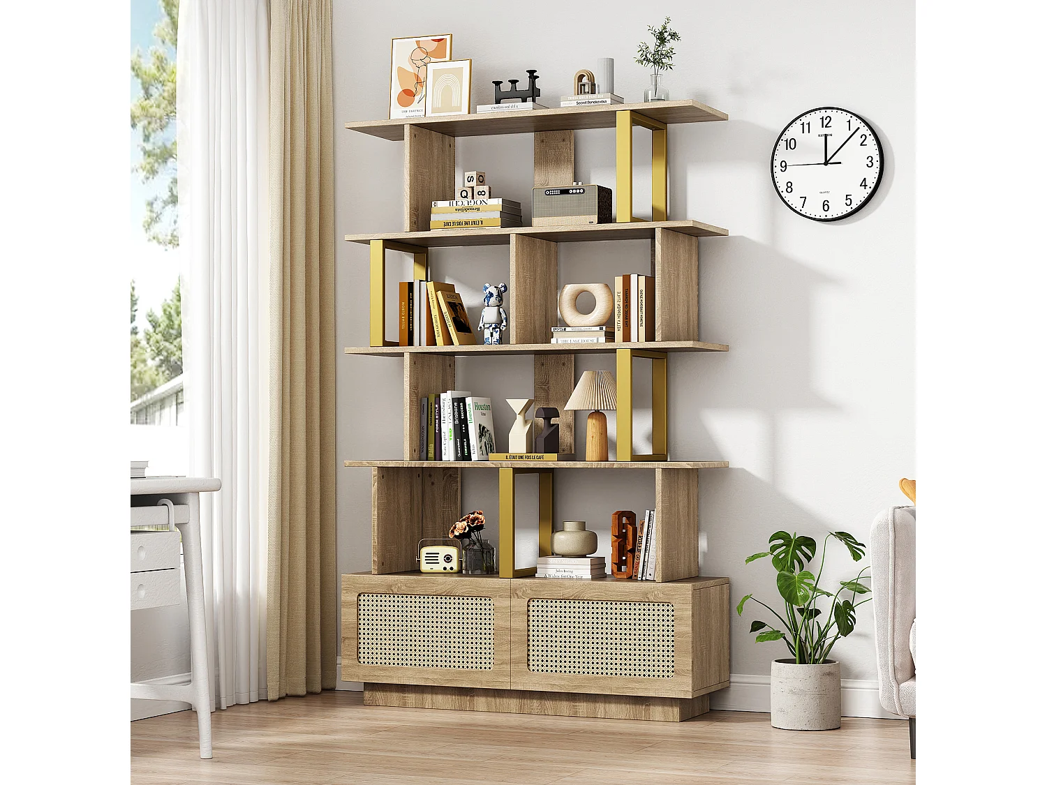 Bücherregal mit 2 Rattantüren und offenen Regalen – 105 x 31,7 x 160 cm – Spanplatte und Metall – Eiche