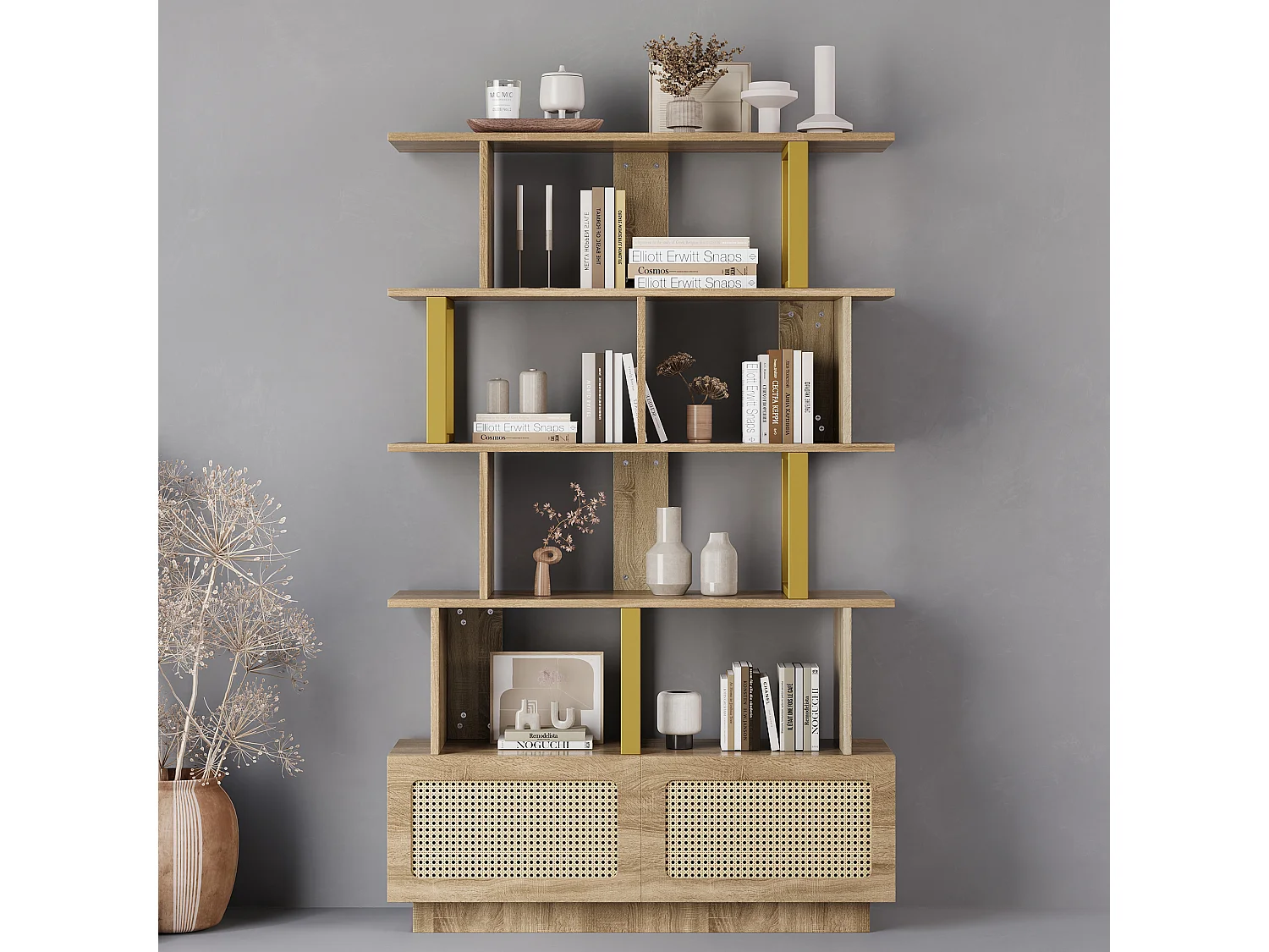 Bücherregal mit 2 Rattantüren und offenen Regalen – 105 x 31,7 x 160 cm – Spanplatte und Metall – Eiche