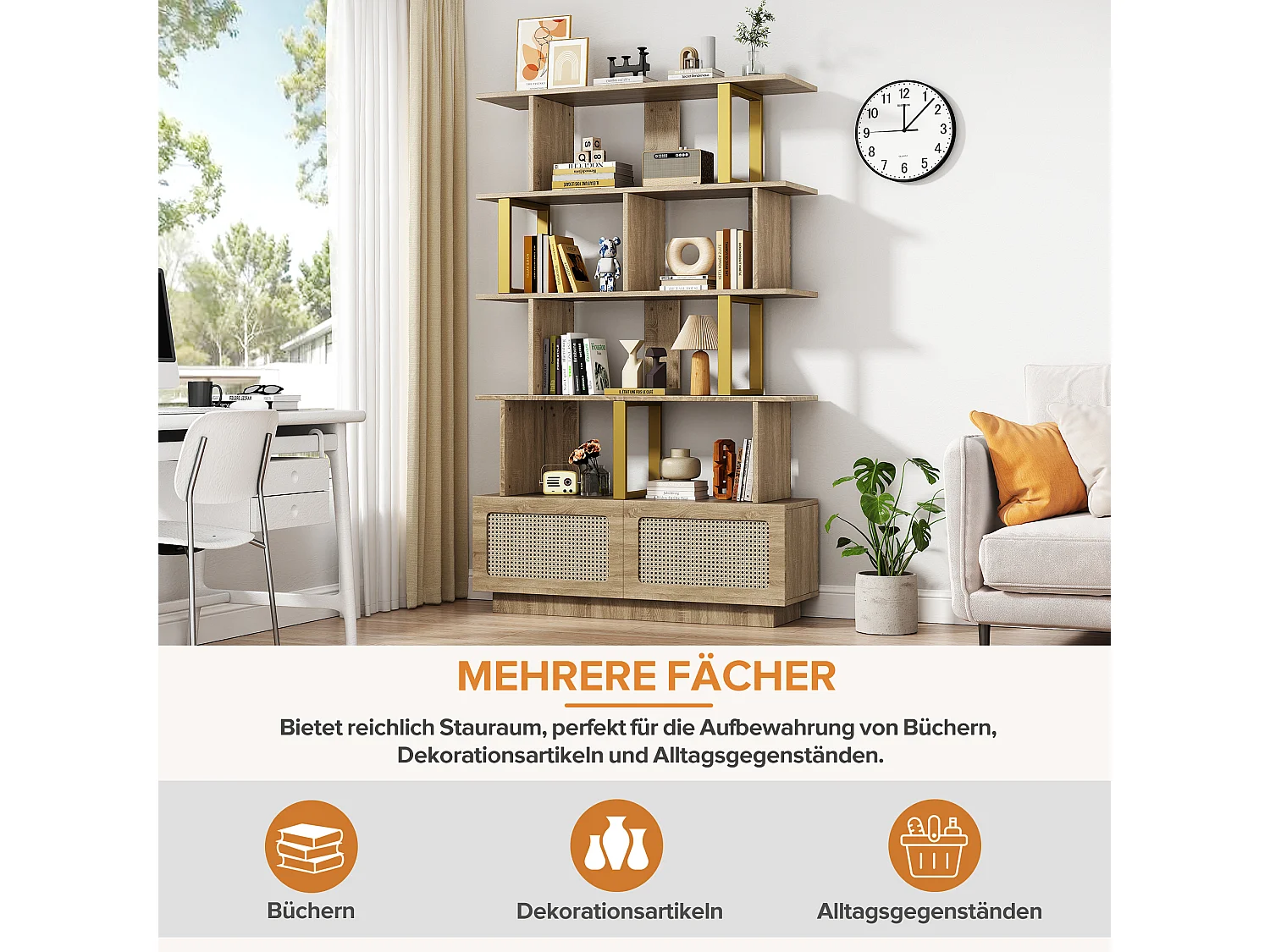 Bücherregal mit 2 Rattantüren und offenen Regalen – 105 x 31,7 x 160 cm – Spanplatte und Metall – Eiche