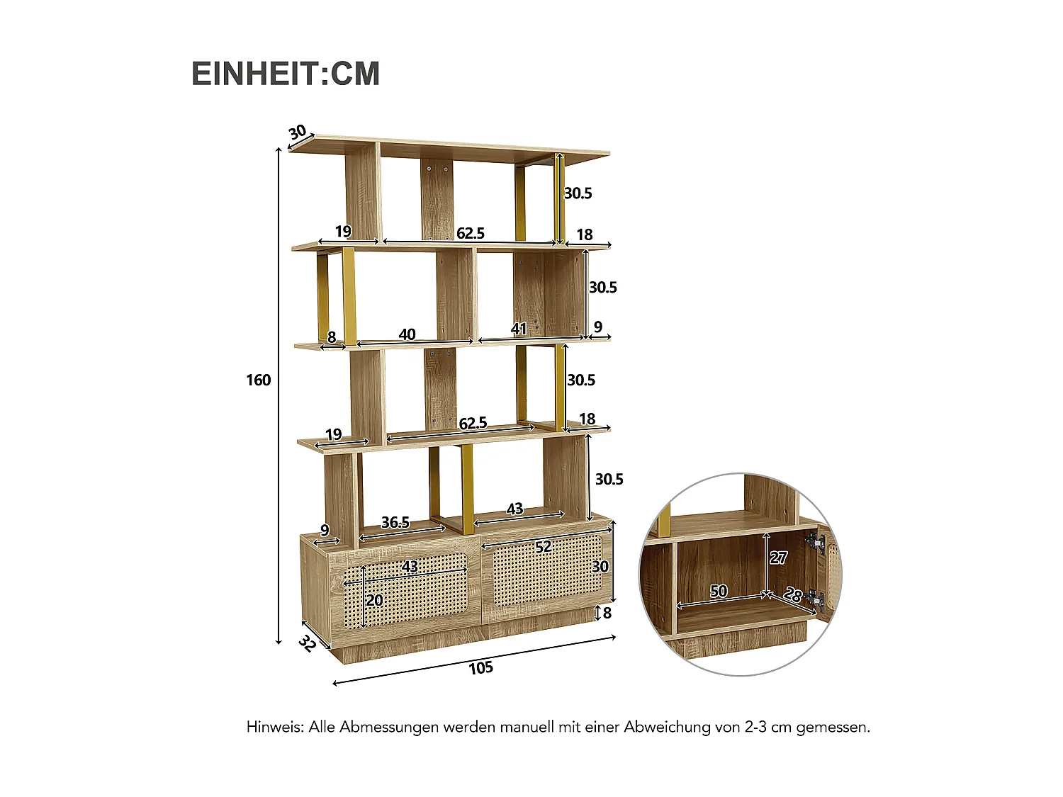 Bücherregal mit 2 Rattantüren und offenen Regalen – 105 x 31,7 x 160 cm – Spanplatte und Metall – Eiche