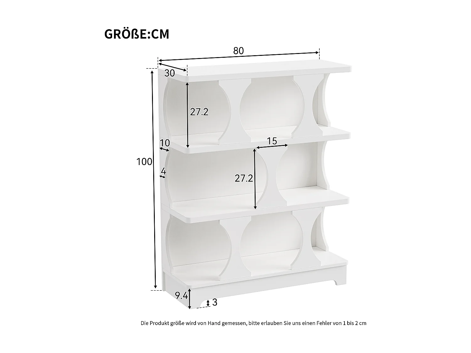 Boekenkast met 3 opbergplanken - 80 x 30 x 100 cm - MDF - Holle uitvoering - Wit