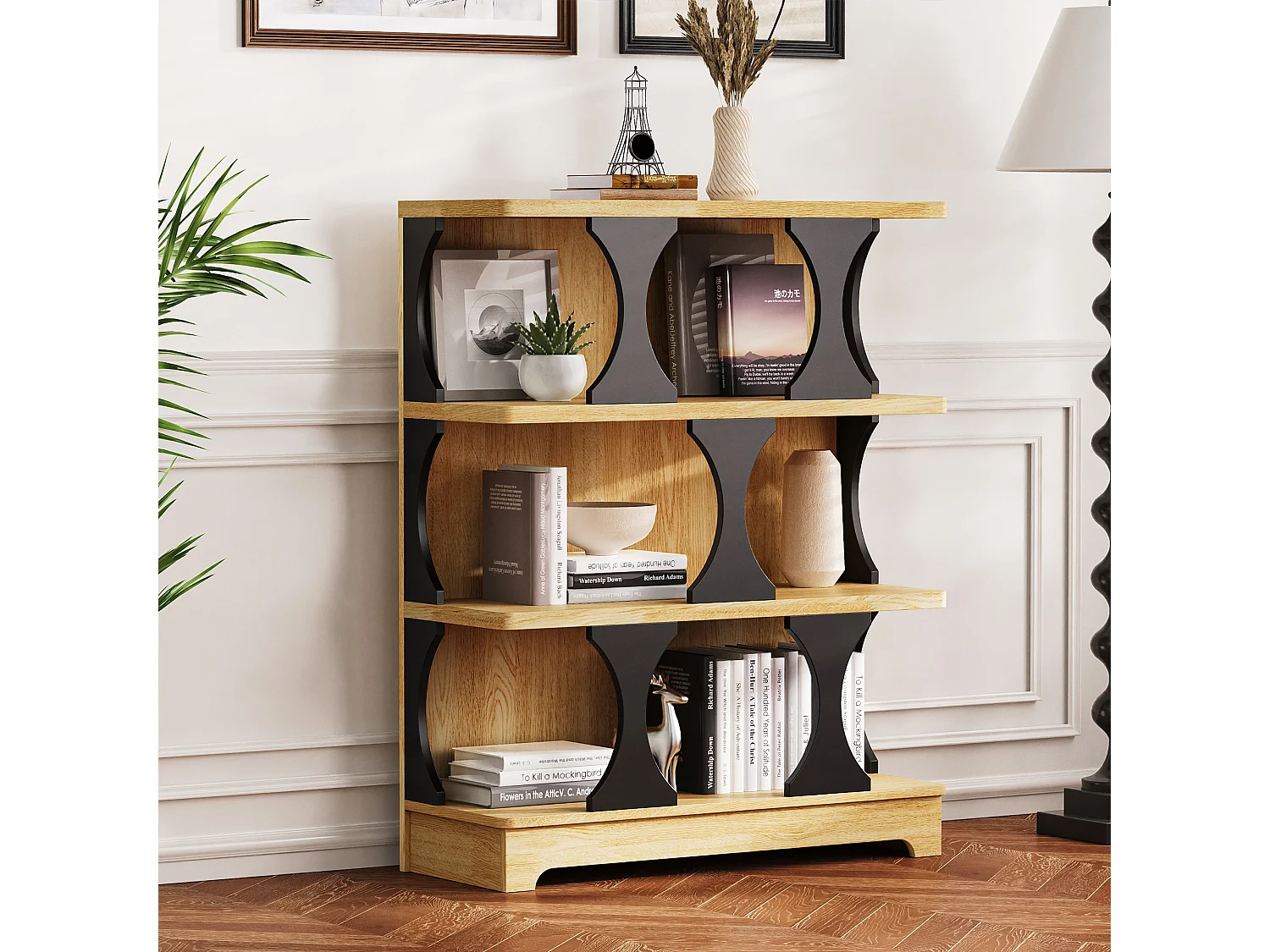 Bücherregal mit 3 Ablageböden – 80 x 30 x 100 cm – MDF – Hohldesign – Natur + Schwarz