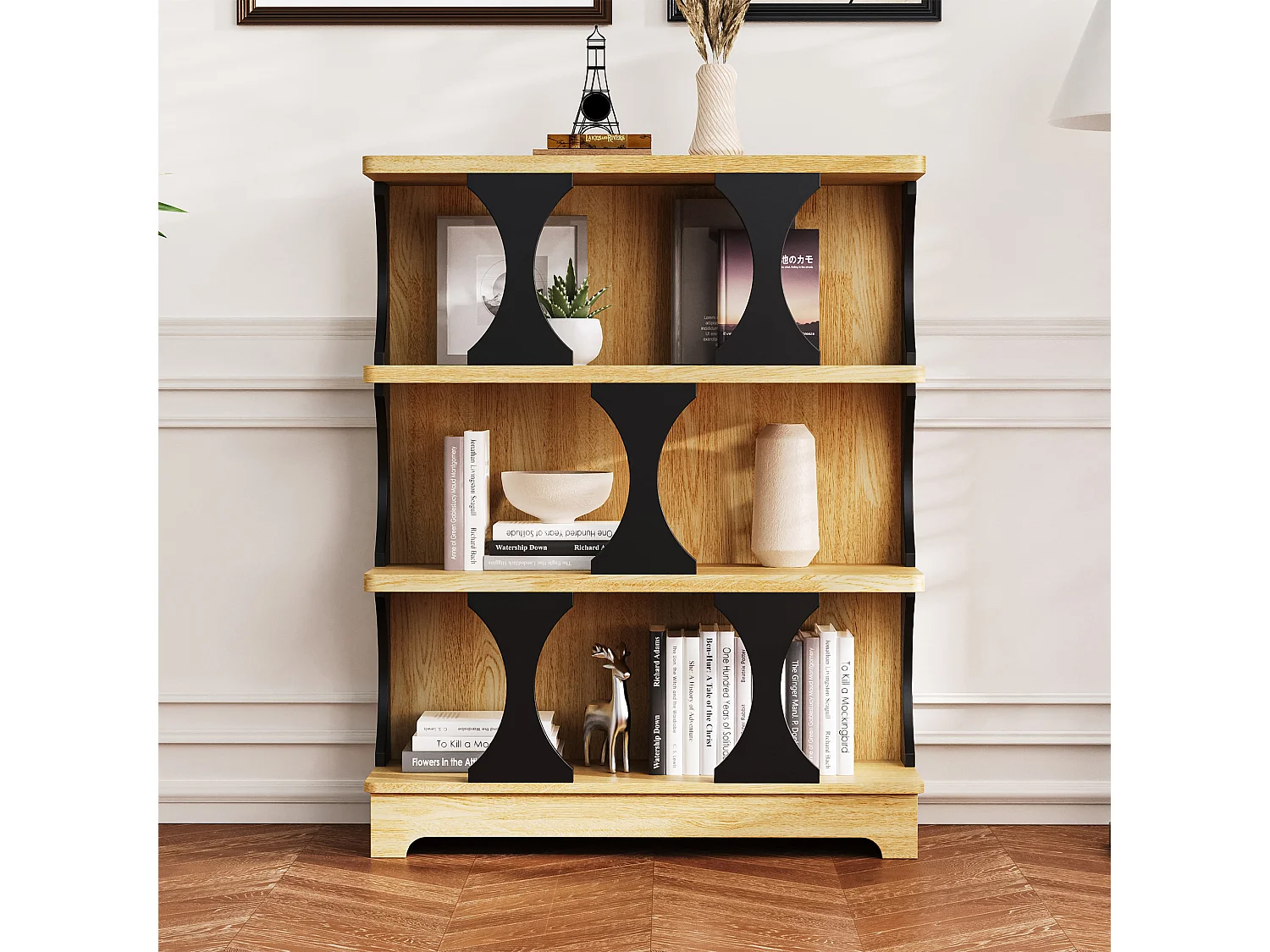 Bücherregal mit 3 Ablageböden – 80 x 30 x 100 cm – MDF – Hohldesign – Natur + Schwarz