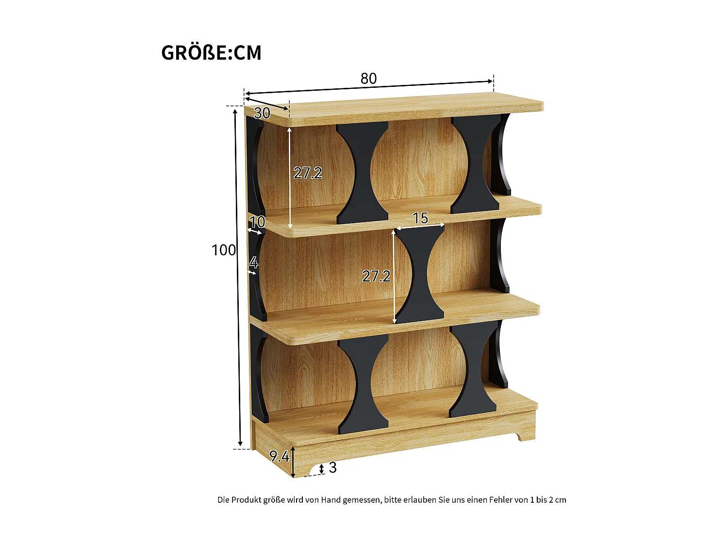 Bücherregal mit 3 Ablageböden – 80 x 30 x 100 cm – MDF – Hohldesign – Natur + Schwarz