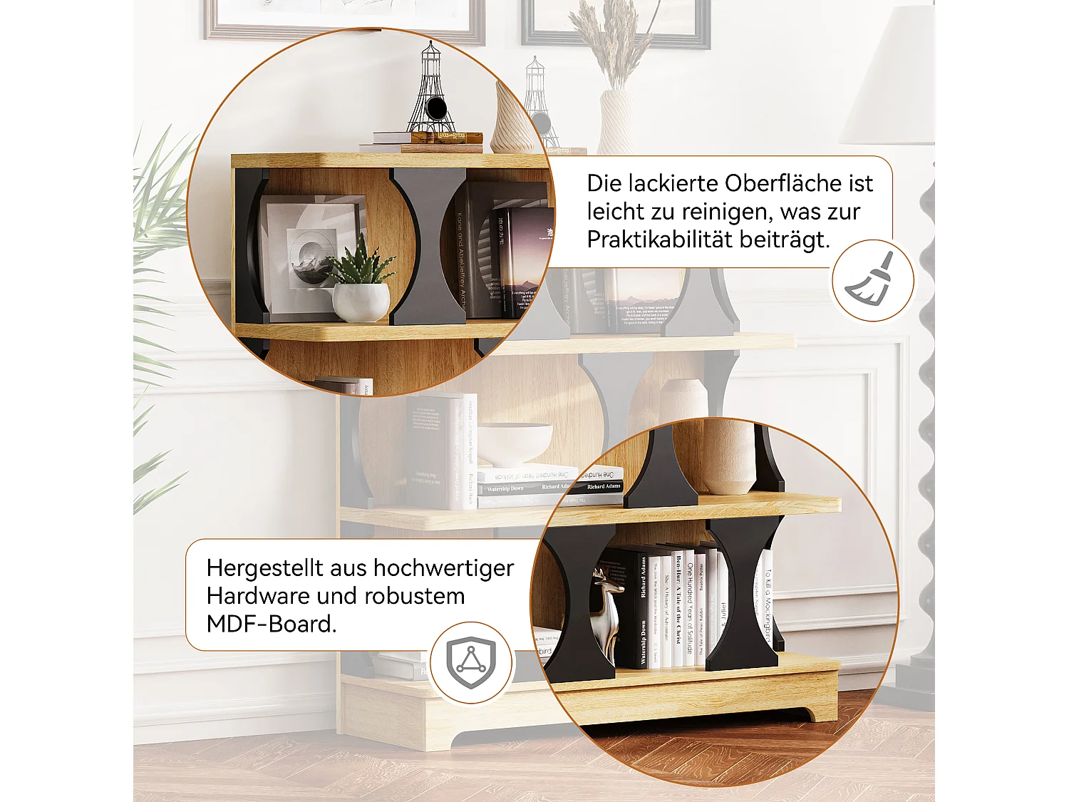 Bücherregal mit 3 Ablageböden – 80 x 30 x 100 cm – MDF – Hohldesign – Natur + Schwarz