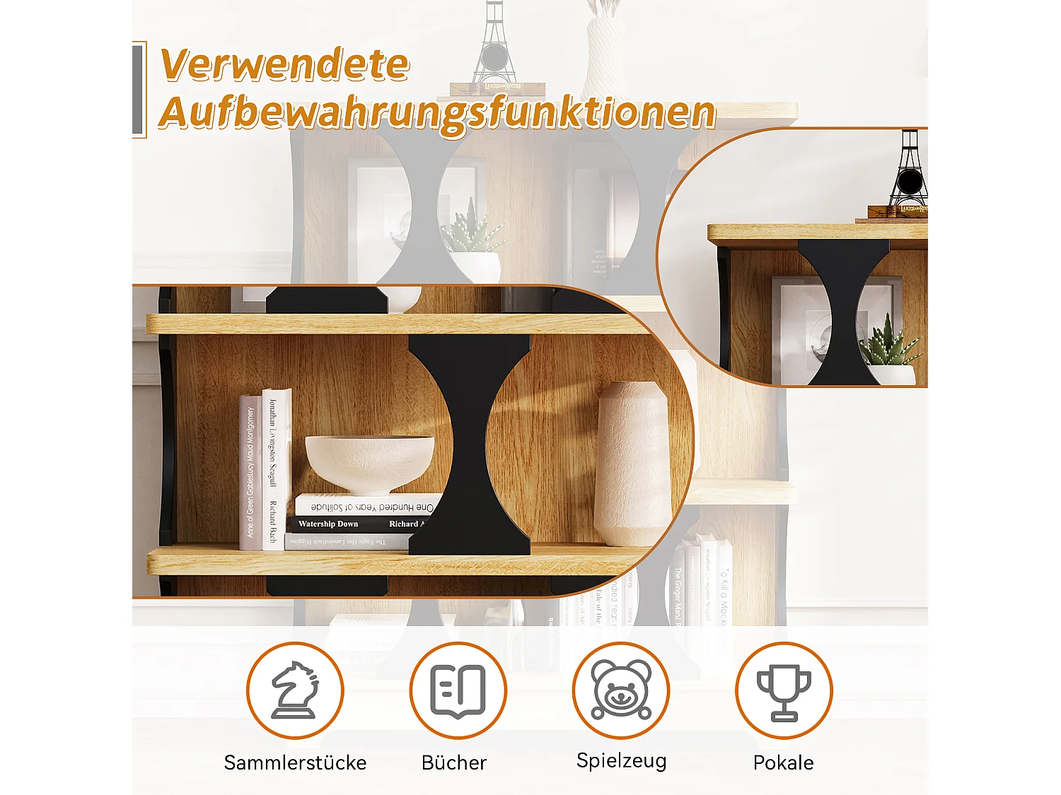Bücherregal mit 3 Ablageböden – 80 x 30 x 100 cm – MDF – Hohldesign – Natur + Schwarz