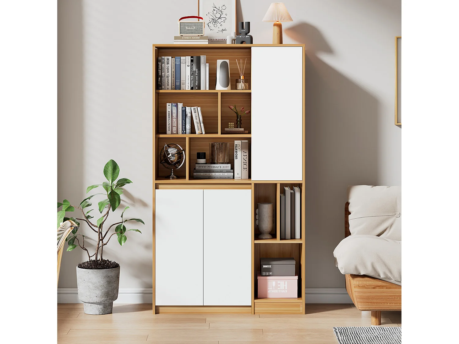 Boekenkast met 3 deuren en verstelbare planken - 90 x 35,5 x 160 cm - Spaanplaat - Wit + Licht eiken