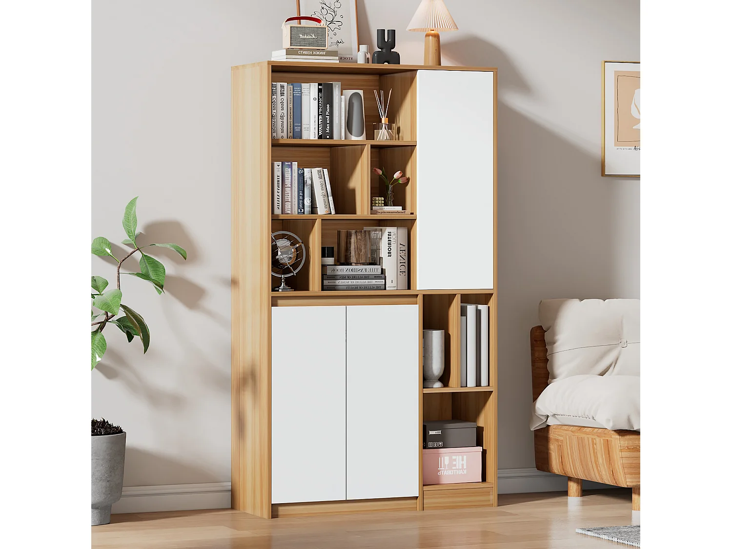 Boekenkast met 3 deuren en verstelbare planken - 90 x 35,5 x 160 cm - Spaanplaat - Wit + Licht eiken