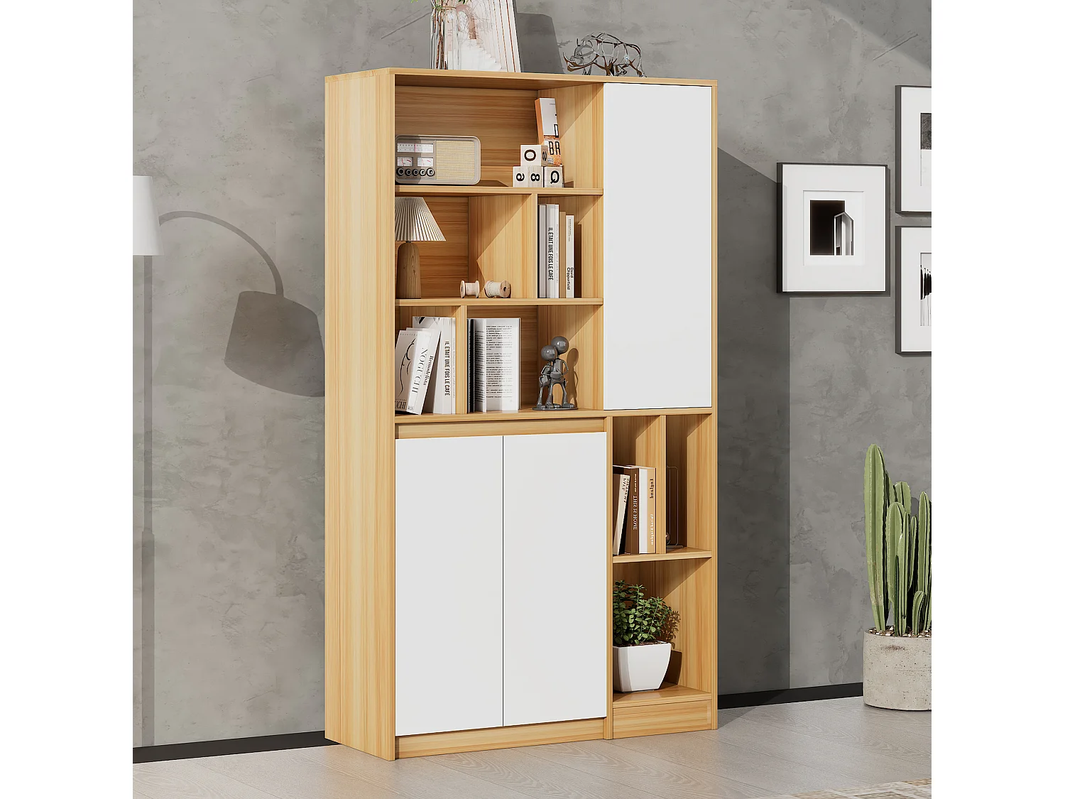 Boekenkast met 3 deuren en verstelbare planken - 90 x 35,5 x 160 cm - Spaanplaat - Wit + Licht eiken