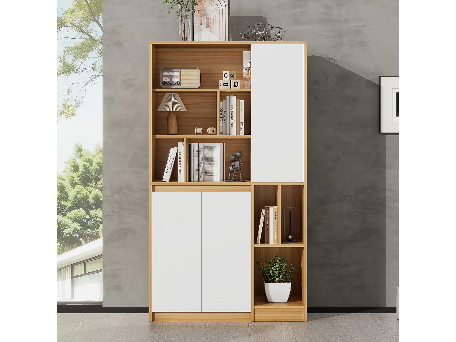 Boekenkast met 3 deuren en verstelbare planken - 90 x 35,5 x 160 cm - Spaanplaat - Wit + Licht eiken